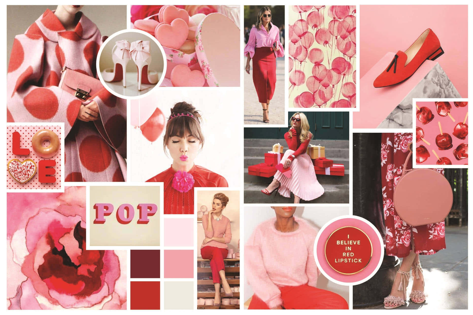 Pastel Red Aesthetic 桌布 壁紙 — 一個充滿活力的粉紅色和紅色時尚拼貼畫， featuring 穿著時尚服裝、配飾和心形圖案的女性。