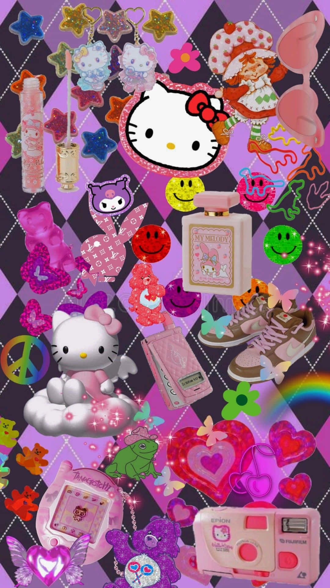 2000s 桌布 壁紙 — 一個充滿活力的粉紅色和紫色牆紙拼貼， featuring Hello Kitty、閃閃發光的心形、玩具和可愛卡通人物，背景為菱形圖案。