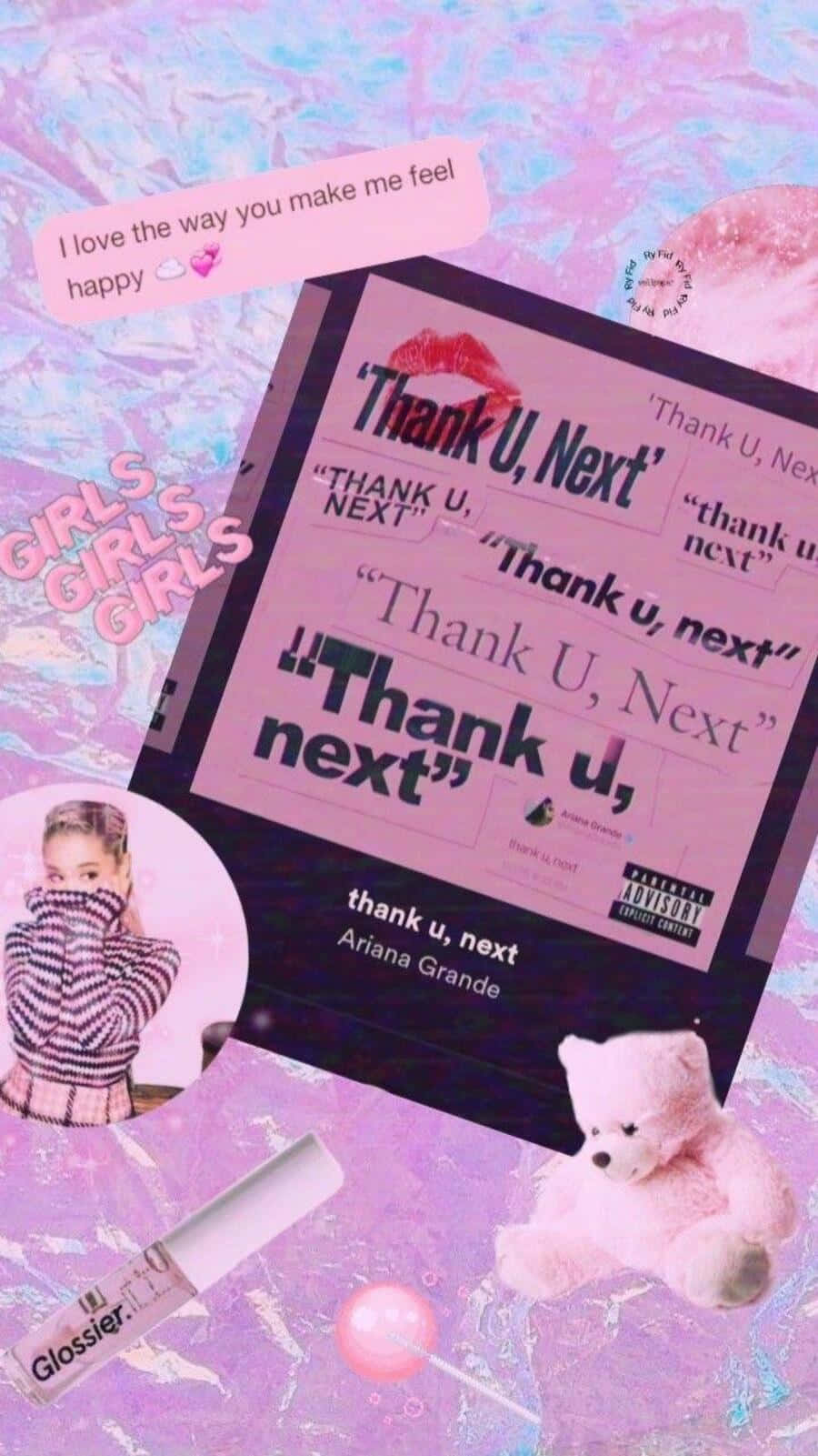 Aesthetic Ariana Grande 桌布 壁紙 — 一個充滿活力的粉紅色和紫色牆紙拼貼， featuring Ariana Grande 的《Thank U, Next》專輯藝術、泰迪熊、Glossier 唇彩和心形表情符號。