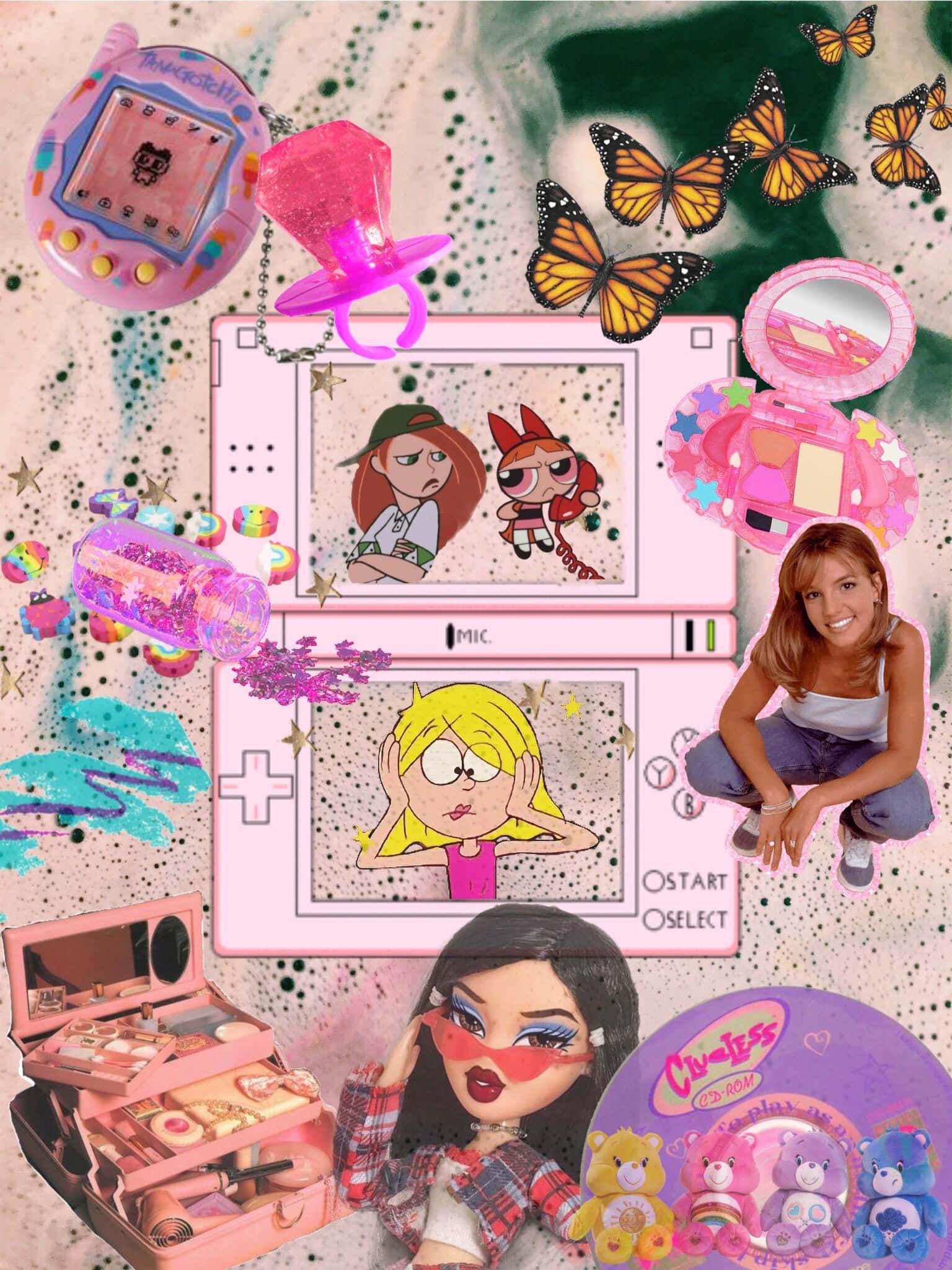 2000s 桌布 壁紙 — 一個充滿活力的粉紅色懷舊物品拼貼，包括Tamagotchi、手提遊戲機上的飛天小女警、蝴蝶，以及一個被閃粉和玩具包圍的微笑女孩。