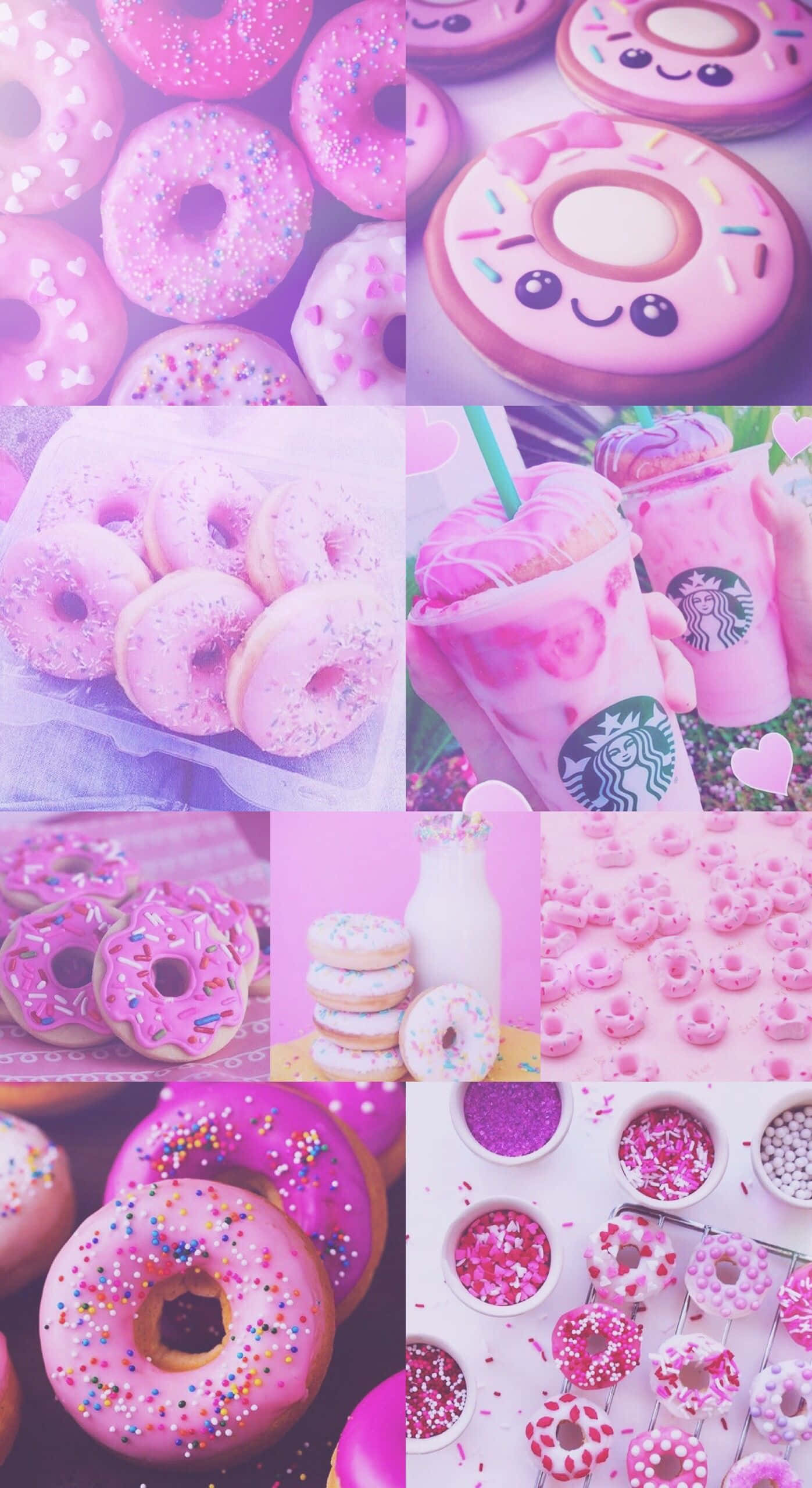 Cute Donut 桌布 壁紙 — 一個充滿活力的粉紅色拼貼畫，包含冬甩、飲品和彩色糖粒，帶有可愛的卡哇伊面孔和柔和色調。