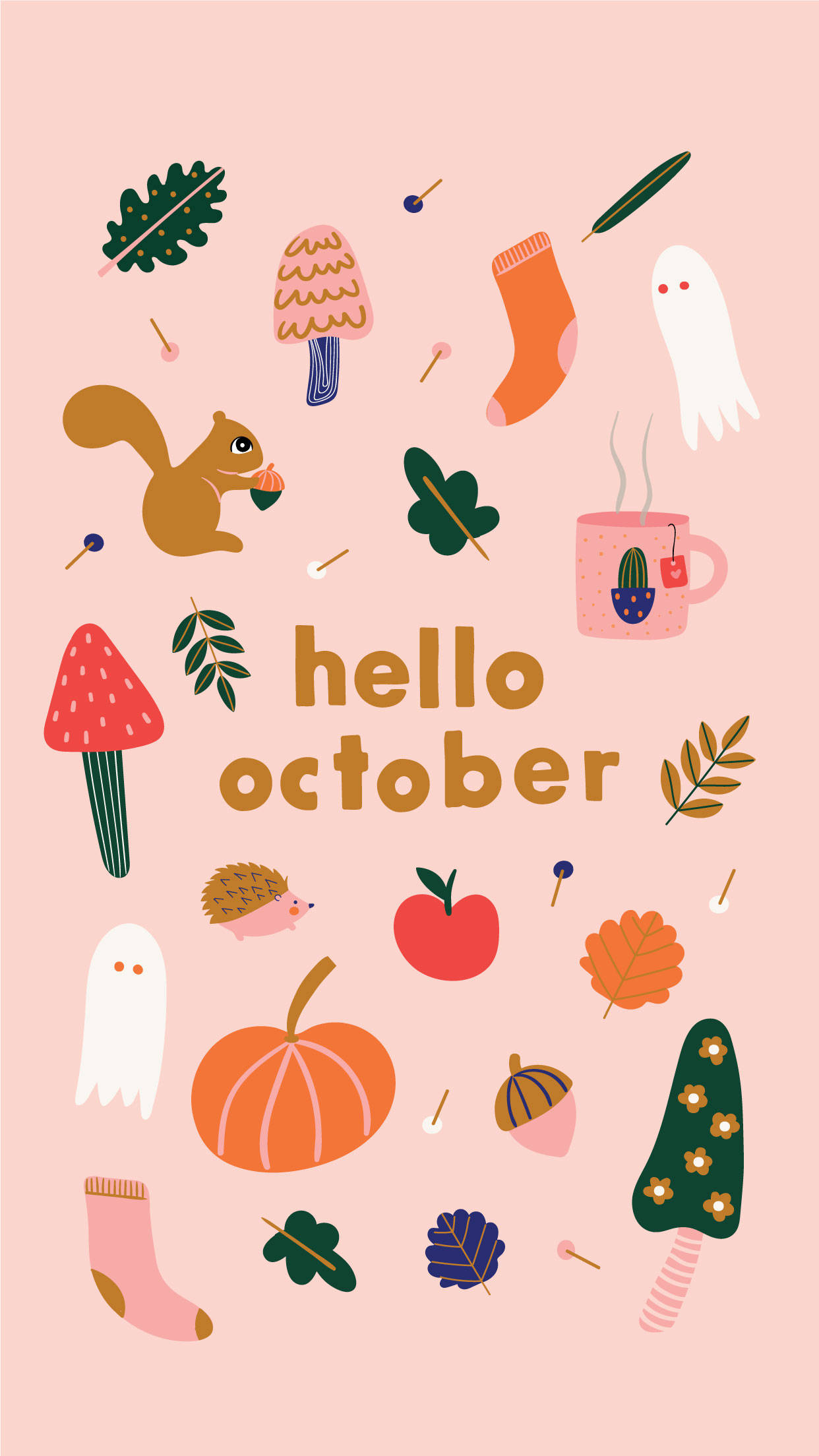 Hello 桌布 壁紙 — 一個充滿活力的粉紅色背景，裝飾著南瓜、松鼠和幽靈等秋季主題圖標，慶祝你好十月。