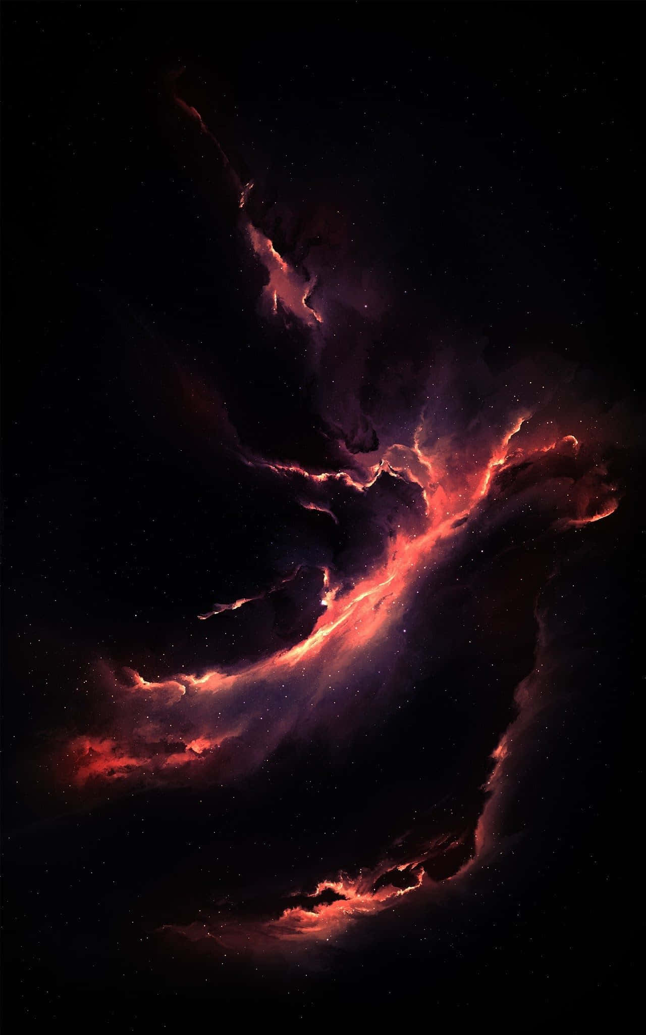 iPhone xs max oled 桌布 壁紙 — 一個充滿活力的紅色和橙色宇宙星雲在深空中，對著佈滿星星的黑色虛空戲劇性地旋轉。