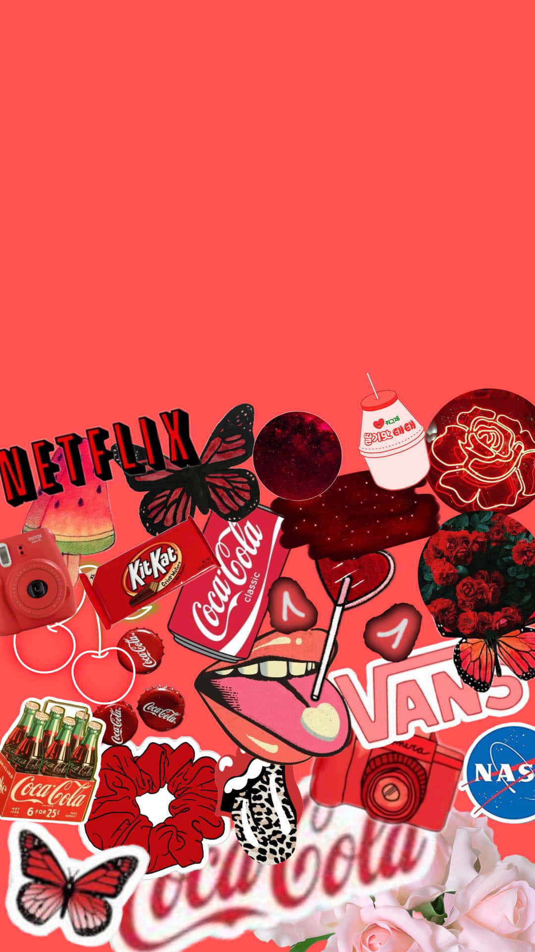 Pastel Red Aesthetic 桌布 壁紙 — 一個充滿活力的紅色拼貼畫，包含可口可樂、Vans 和 Netflix 等流行文化圖標，背景為純珊瑚色。