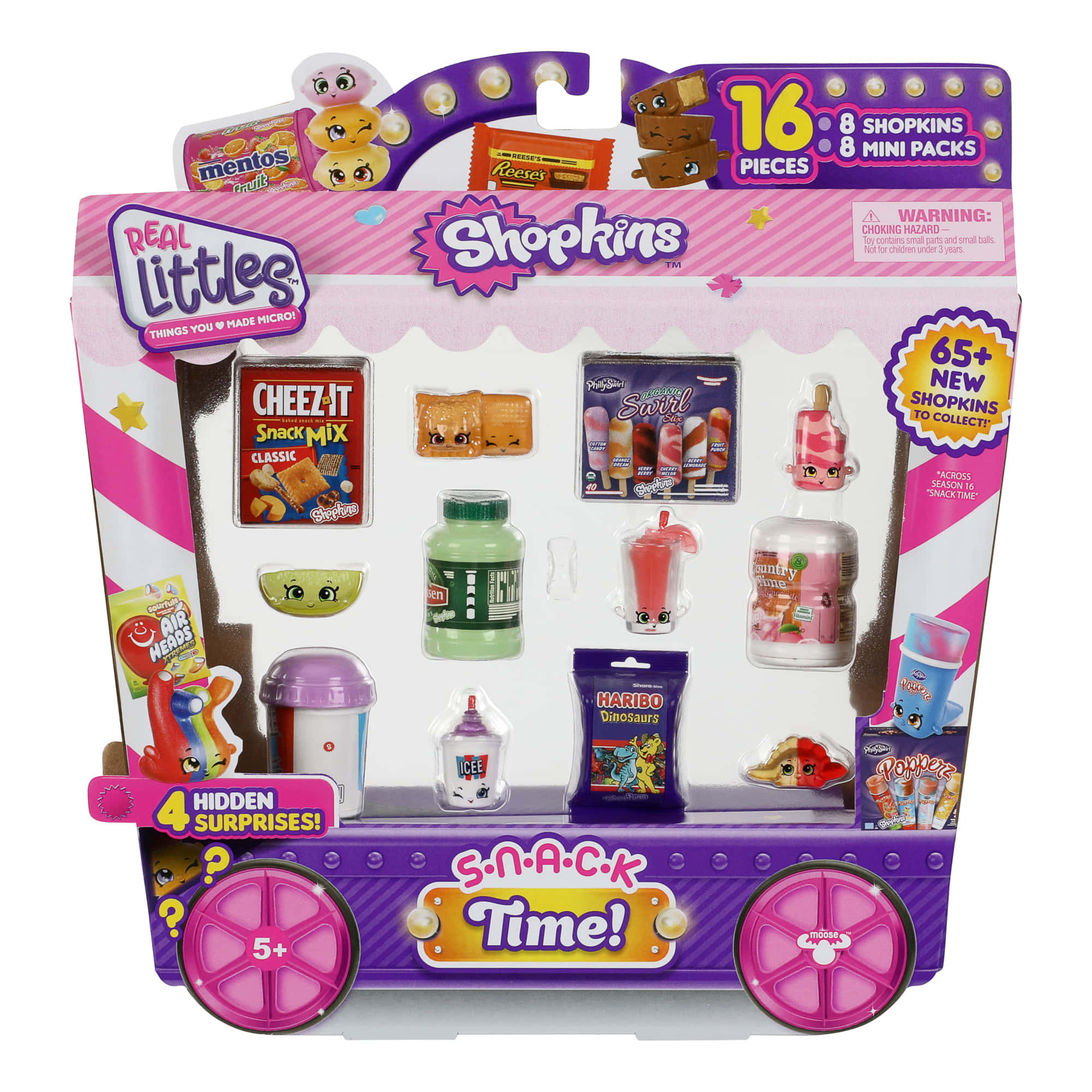 Shopkins 桌布 壁紙 — 一個充滿活力的紫色Shopkins玩具套裝，包含16個以零食為主題的角色，包裝色彩繽紛，帶有俏皮的卡通面孔。
