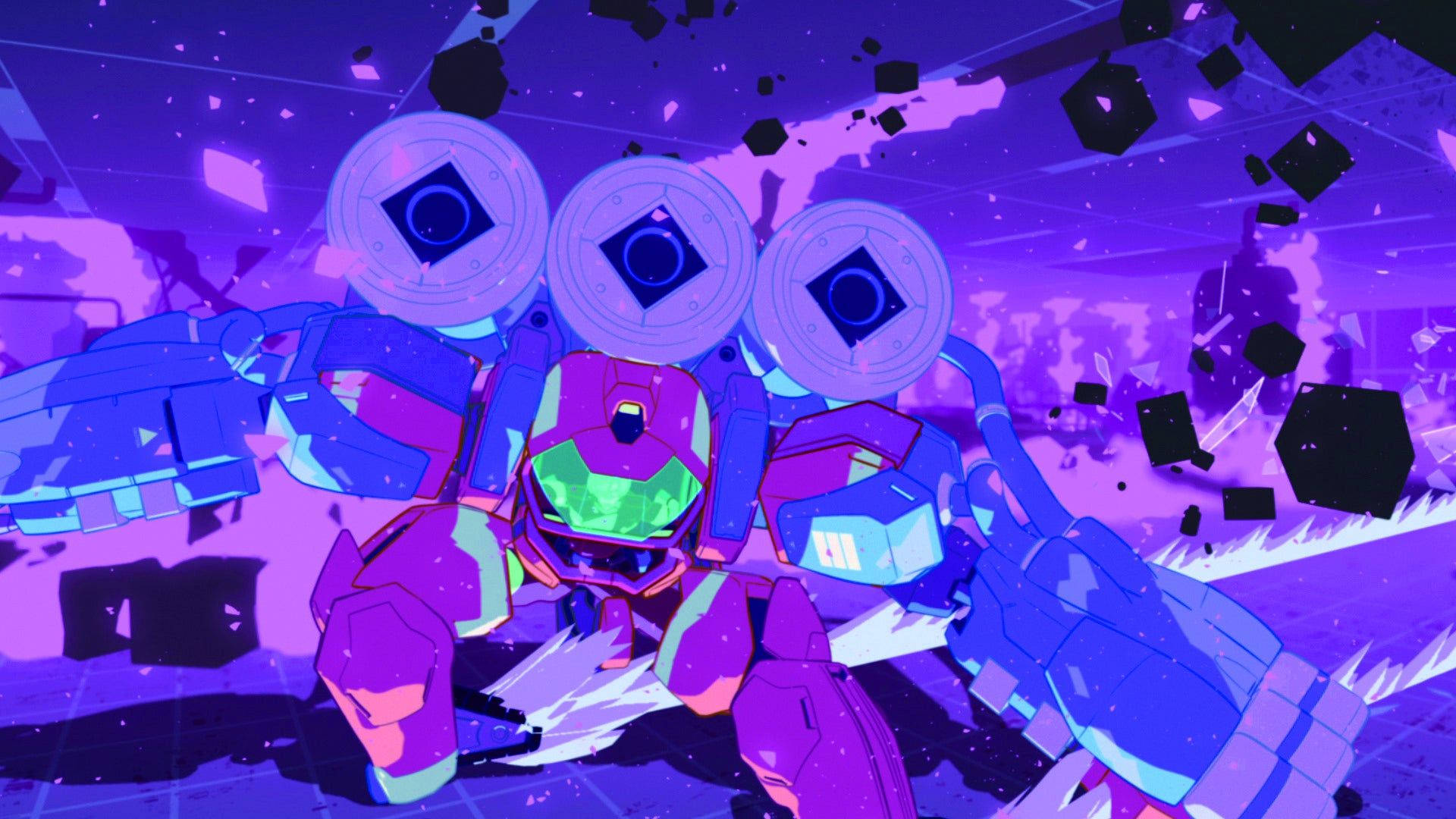 Ultimate Mecha Promare 壁紙 — 一個充滿活力的紫色和藍色機甲，有三隻發光的眼睛，站在霓虹燈浸透的數位空間中漂浮的碎片之間。