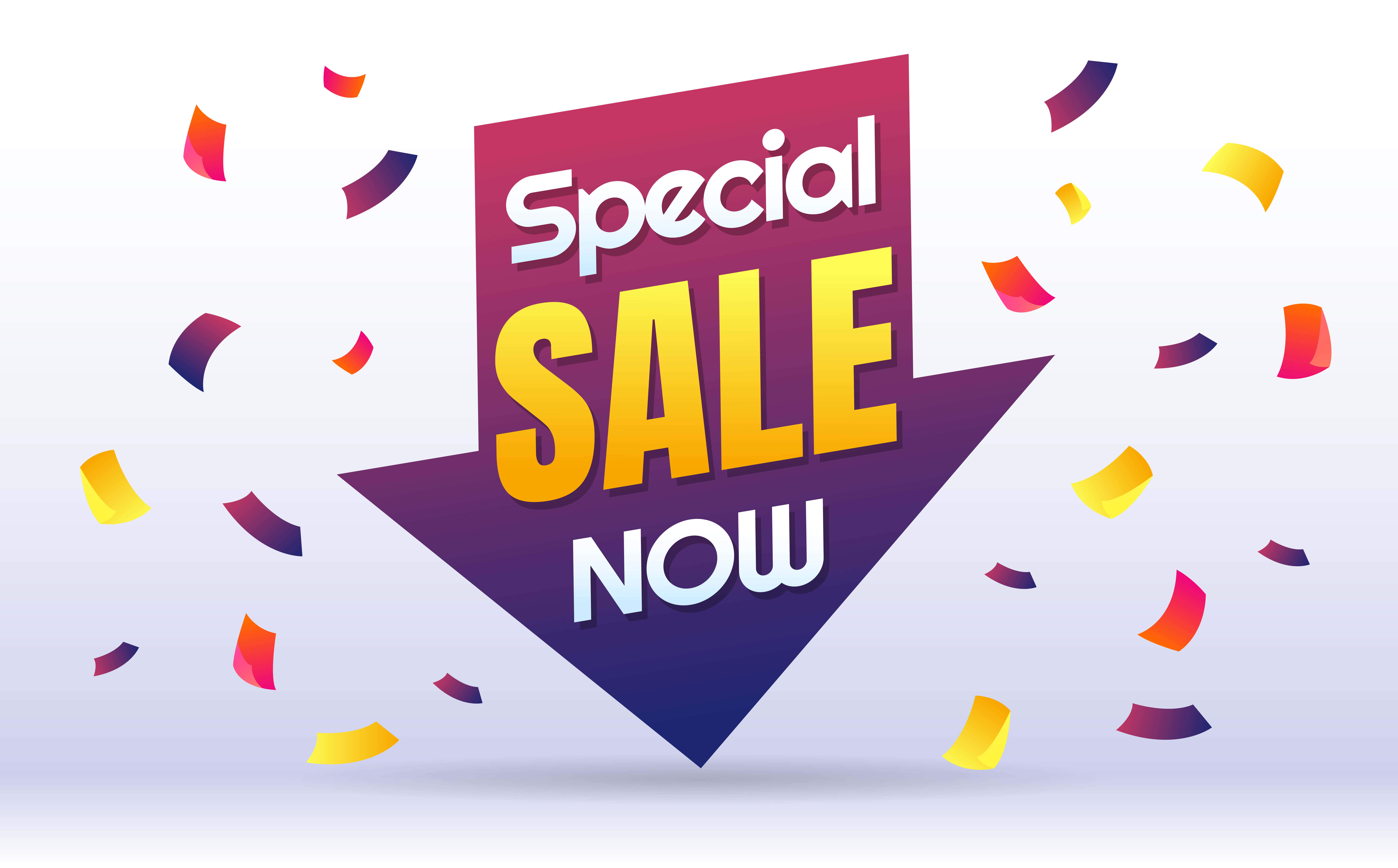銷售 桌布 壁紙 — 一個充滿活力的紫色和黃色箭頭形橫幅宣佈 'Special Sale Now'，周圍有五彩紙屑飄落在柔和的漸變背景上。