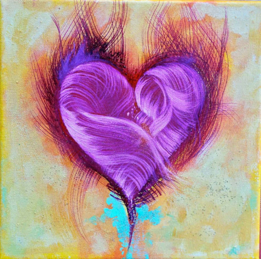 Heart Art 桌布 壁紙 — 一個充滿活力的紫色心形，帶有紋理筆觸，在柔和的黃色和藍綠色抽象背景上散發溫暖。