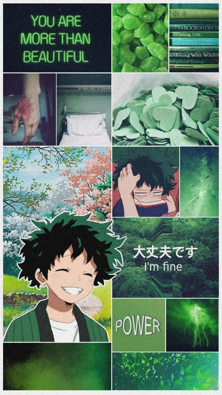 My Hero Academia Deku Aesthetic Collage 壁紙 — 一個充滿活力的綠色主題動漫拼貼畫，包含微笑的角色、勵志文字和自然圖像。