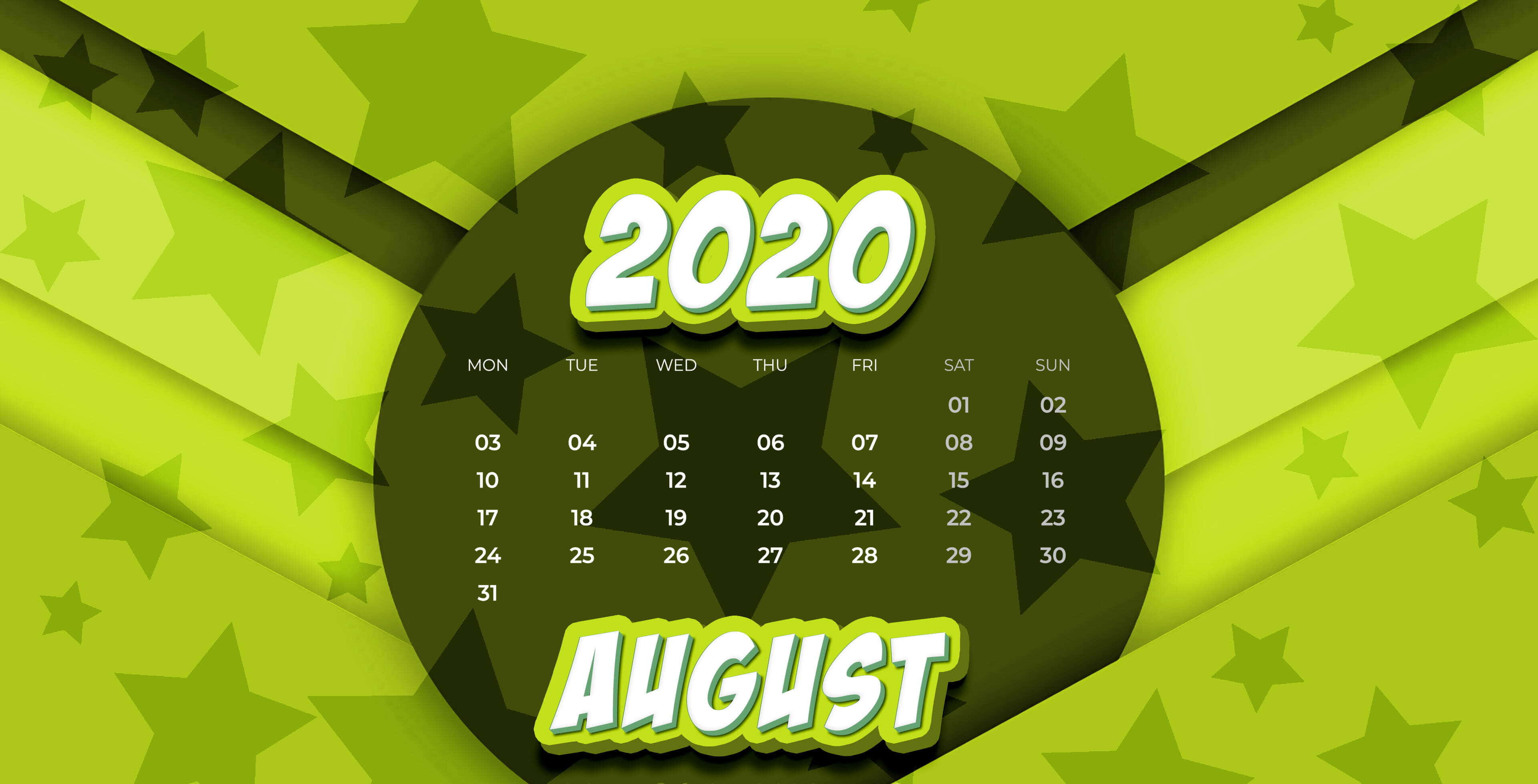 August 桌布 壁紙 — 一個充滿活力的綠色圓形2020年8月月曆，在動態幾何背景上帶有向外輻射的星星圖案。