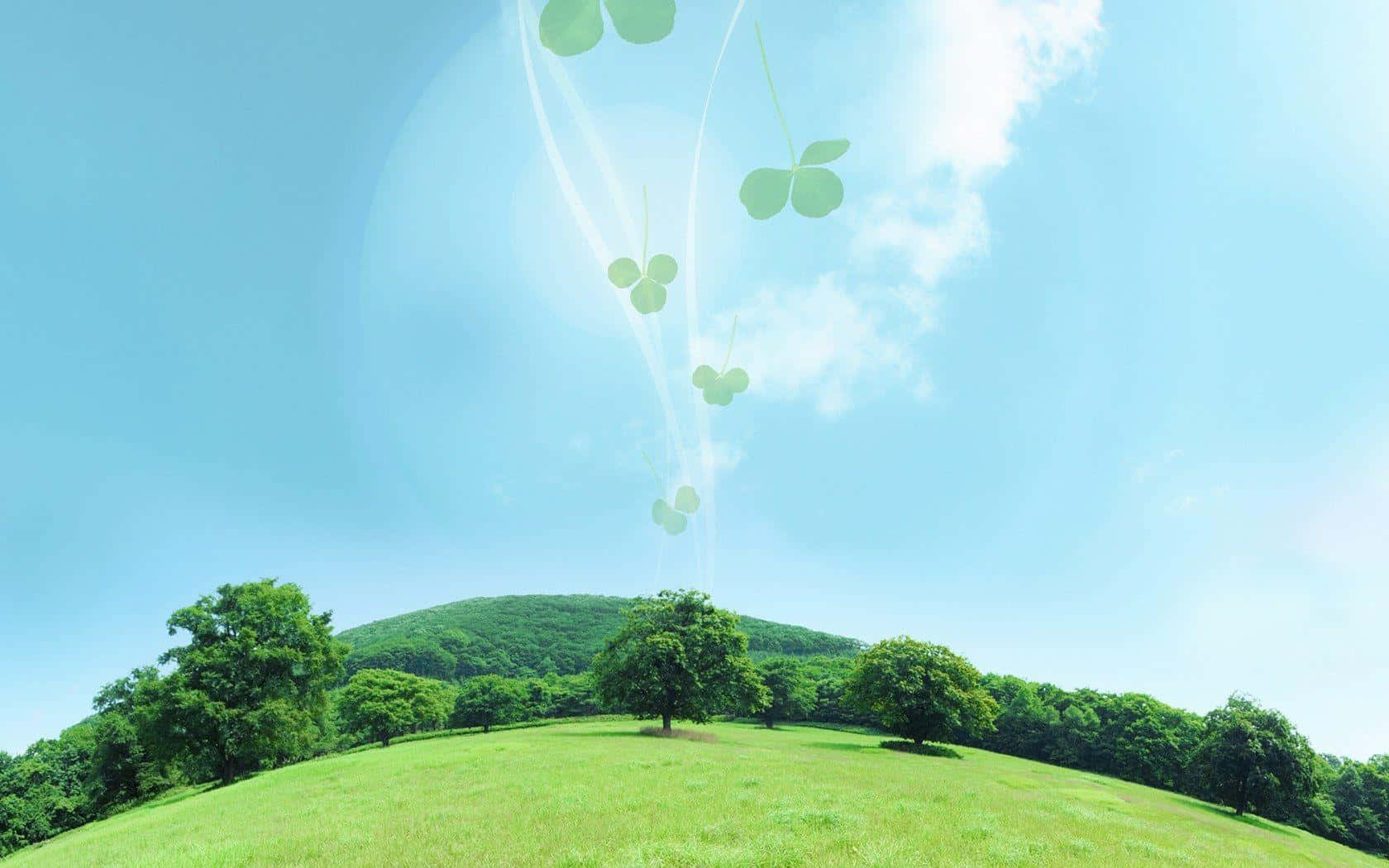 Eco-tourism 桌布 壁紙 — 一個充滿活力的綠色山坡，點綴著樹木，在清澈的藍天下漂浮著四葉草。