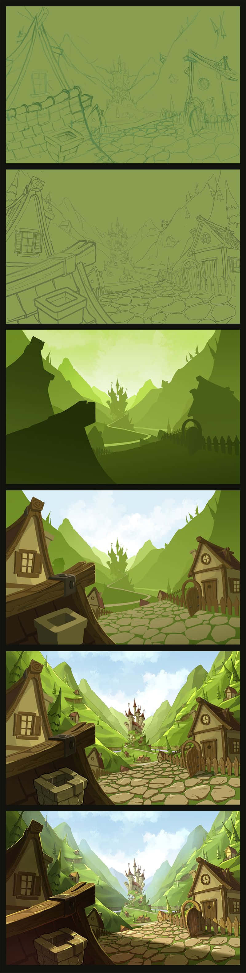 Game Animation 桌布 壁紙 — 一個充滿活力的綠色山谷村莊，擁有石頭小屋和蜿蜒小徑，坐落在晴朗天空下的高聳山脈之間。