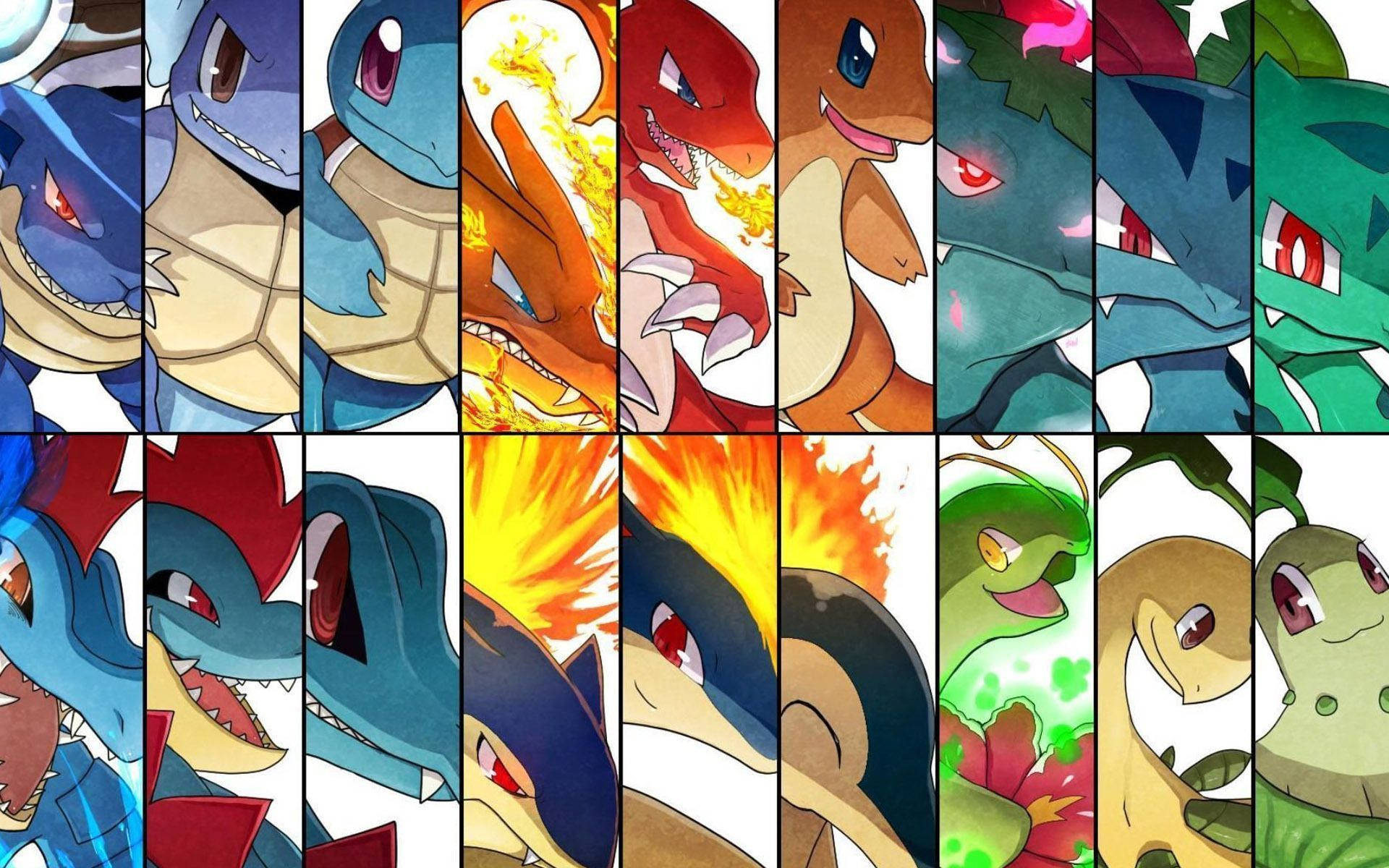 Charizard--A Legendary Pokemon Stands Out from the Rest 壁紙 — 一個充滿活力的網格，展示標誌性的寵物小精靈角色，以動態動畫姿勢呈現，帶有火焰和樹葉能量效果。