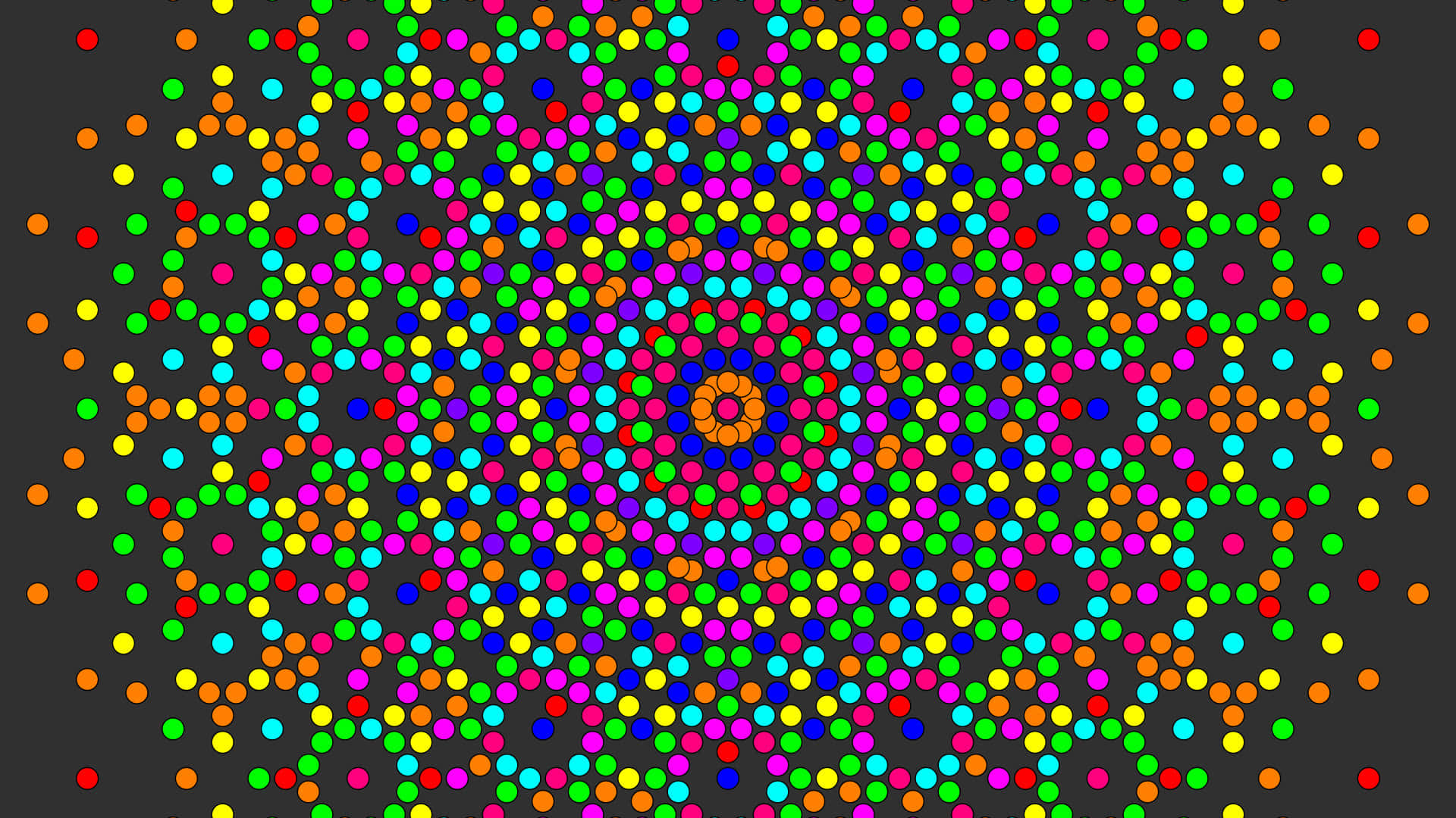 Psychedelic 3d Art 桌布 壁紙 — 一個充滿活力的萬花筒圖案，由多色點從中央核心向外輻射，背景為深色。
