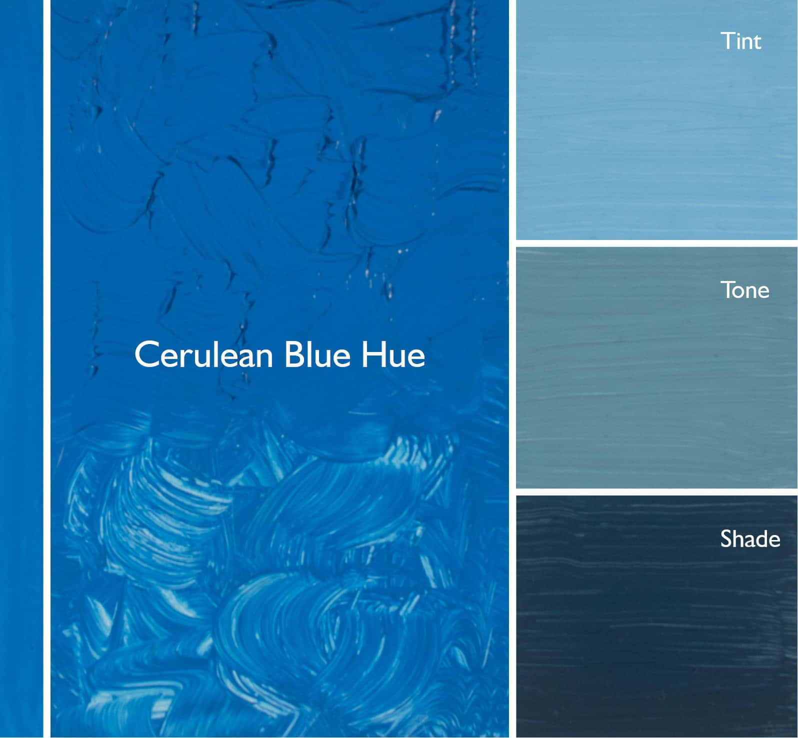 Cerulean Blue 桌布 壁紙 — 一個充滿活力的蔚藍色油漆樣本，帶有紋理筆觸，標示為「Cerulean Blue Hue」，並附有其色調、色階和陰影變化。