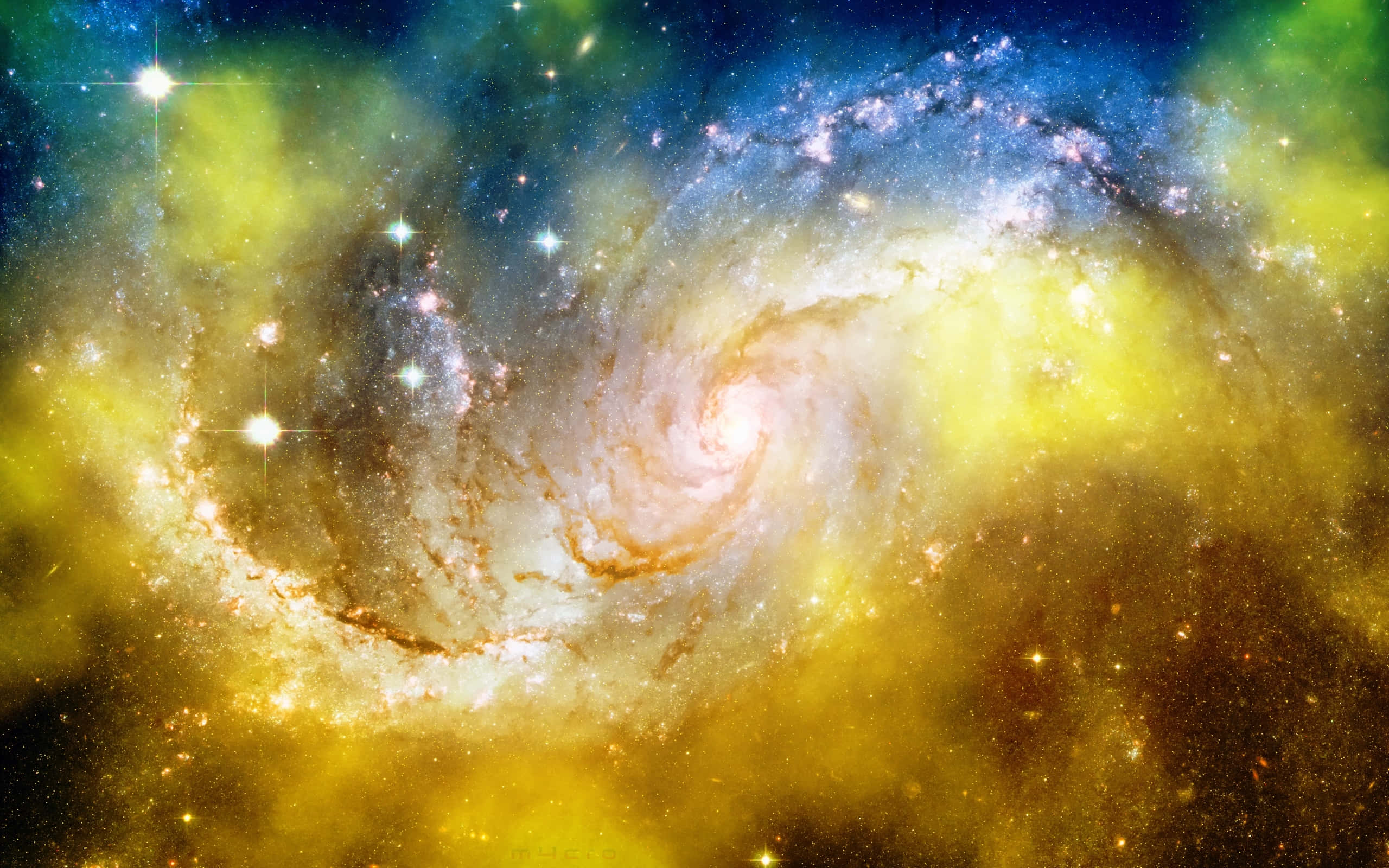 Yellow Galaxy 桌布 壁紙 — 一個充滿活力的螺旋星系，在宇宙背景下，金色和藍色星雲中點綴著明亮的星星，盤旋旋轉。