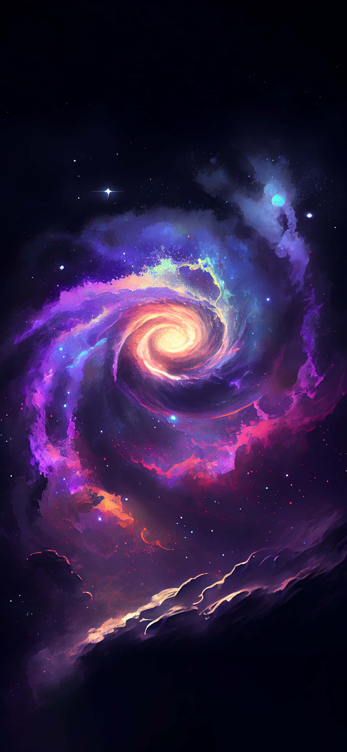 Galaxy Artwork 桌布 壁紙 — 一個充滿活力的螺旋星系，在繁星點點的宇宙背景下旋轉著紫色、粉紅色和金色的星雲。