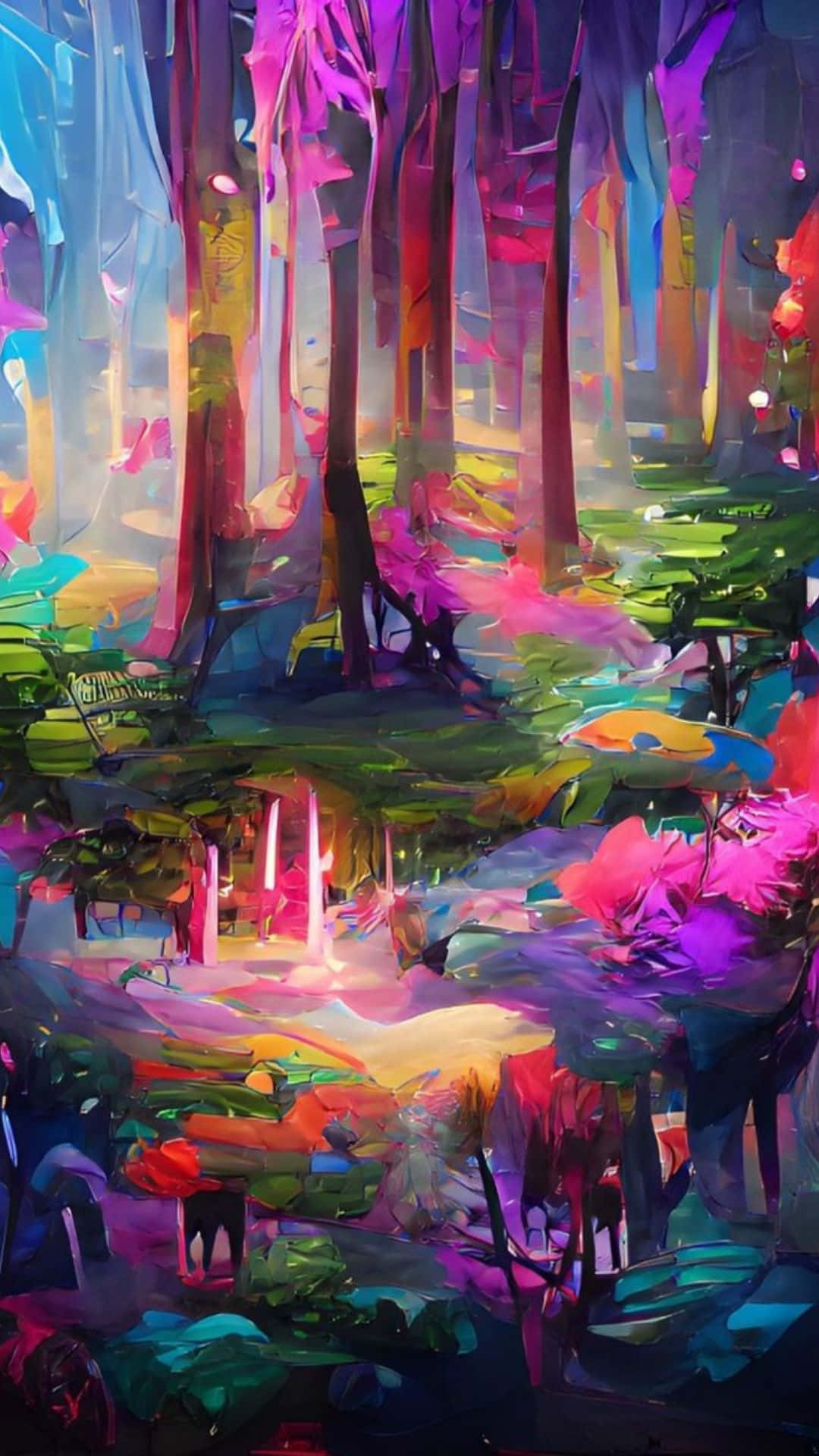 dreamy 桌布 壁紙 — 一個充滿活力的超現實森林，發光的樹木和色彩繽紛的抽象樹葉，在夢幻般的天空下。