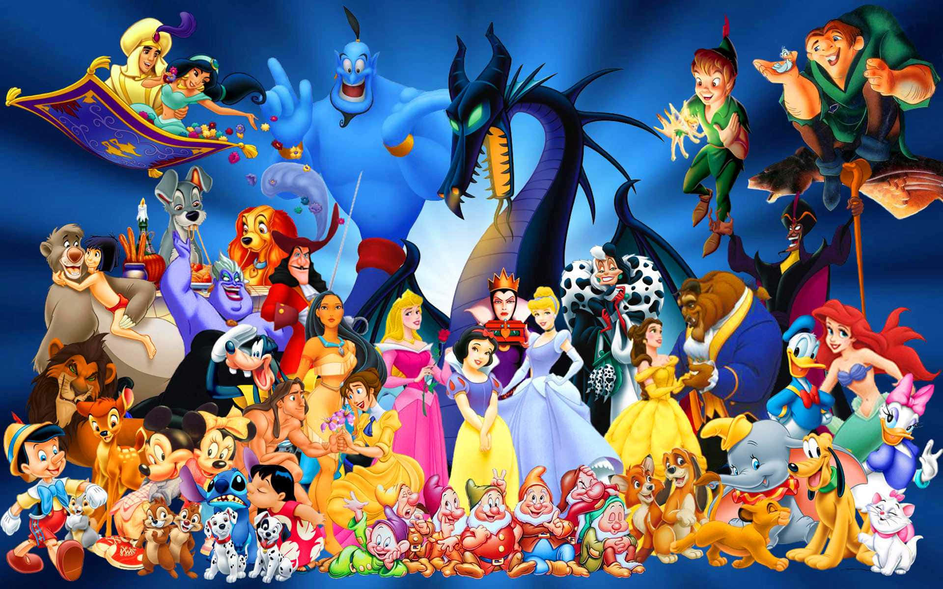 Cartoon Heroes 桌布 壁紙 — 一個充滿活力的迪士尼動畫演員陣容，包括公主、反派和英雄，聚集在深藍色背景前。