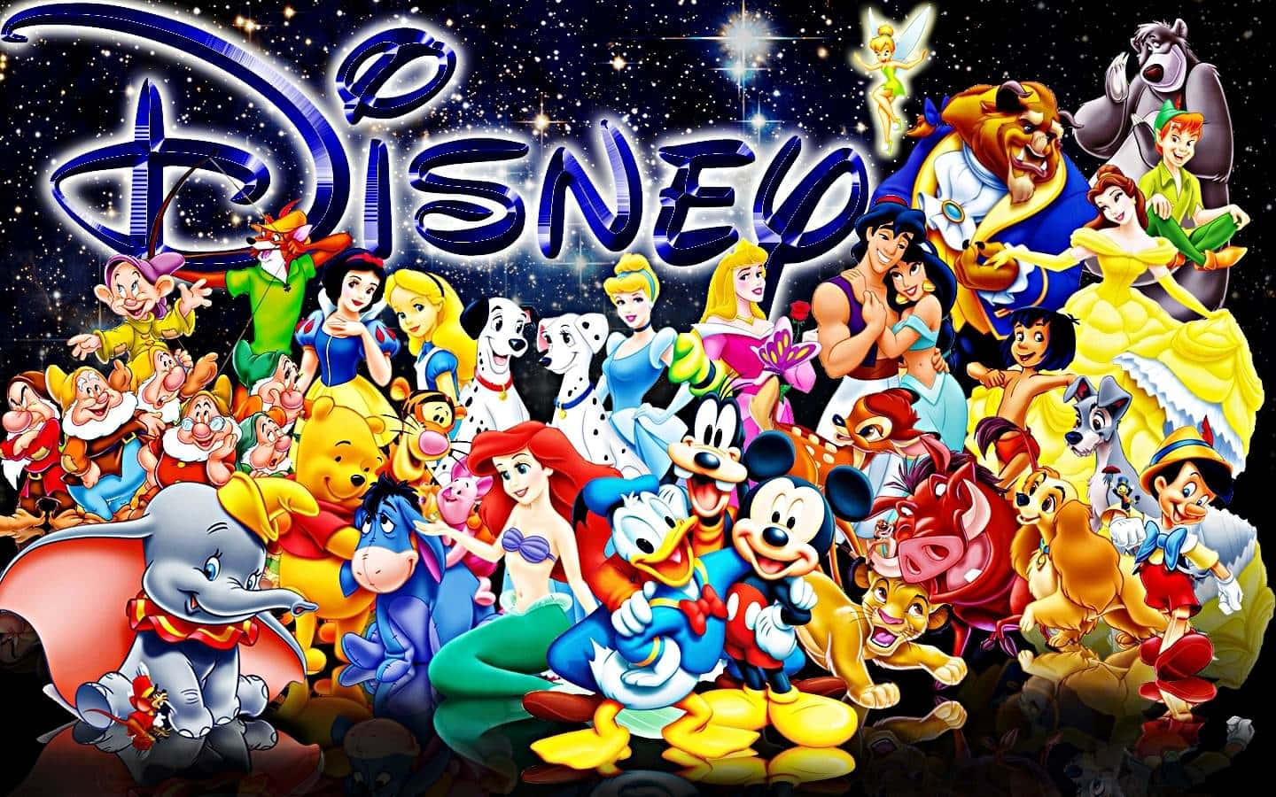 Cool Disney 桌布 壁紙 — 一個充滿活力的迪士尼標誌在閃爍的星空下，在一群歡樂的經典動畫角色上方發光。