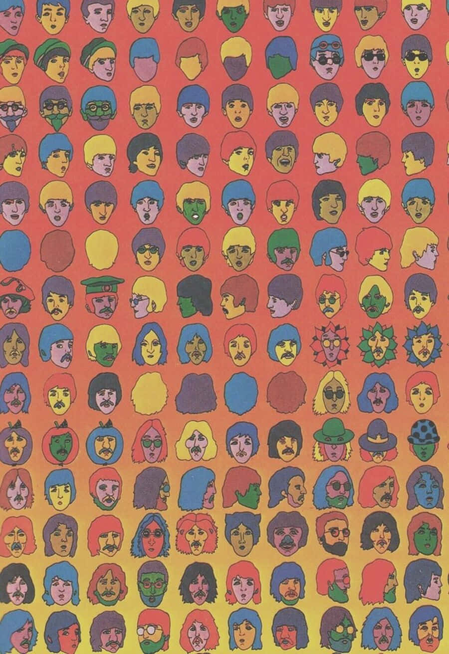 Psychedelic 70s Aesthetic 桌布 壁紙 — 一個充滿活力的迷幻卡通面孔圖案，帶有彩色頭髮和富有表現力的眼睛，背景為橙色黃色漸變。