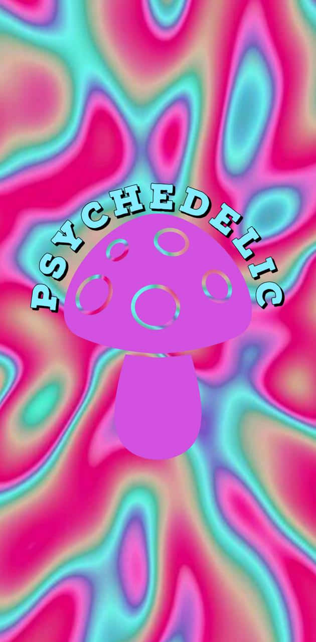 Trippy Mushroom 桌布 壁紙 — 一個充滿活力的迷幻蘑菇圖案漂浮在旋轉的粉紅色和藍綠色液體漸變背景上。