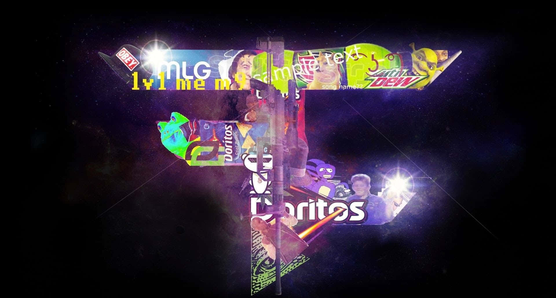 Mlg 桌布 壁紙 — 一個充滿活力的遊戲和小吃品牌標誌拼貼畫漂浮在星光燦爛的宇宙虛空中，帶有發光的高光。