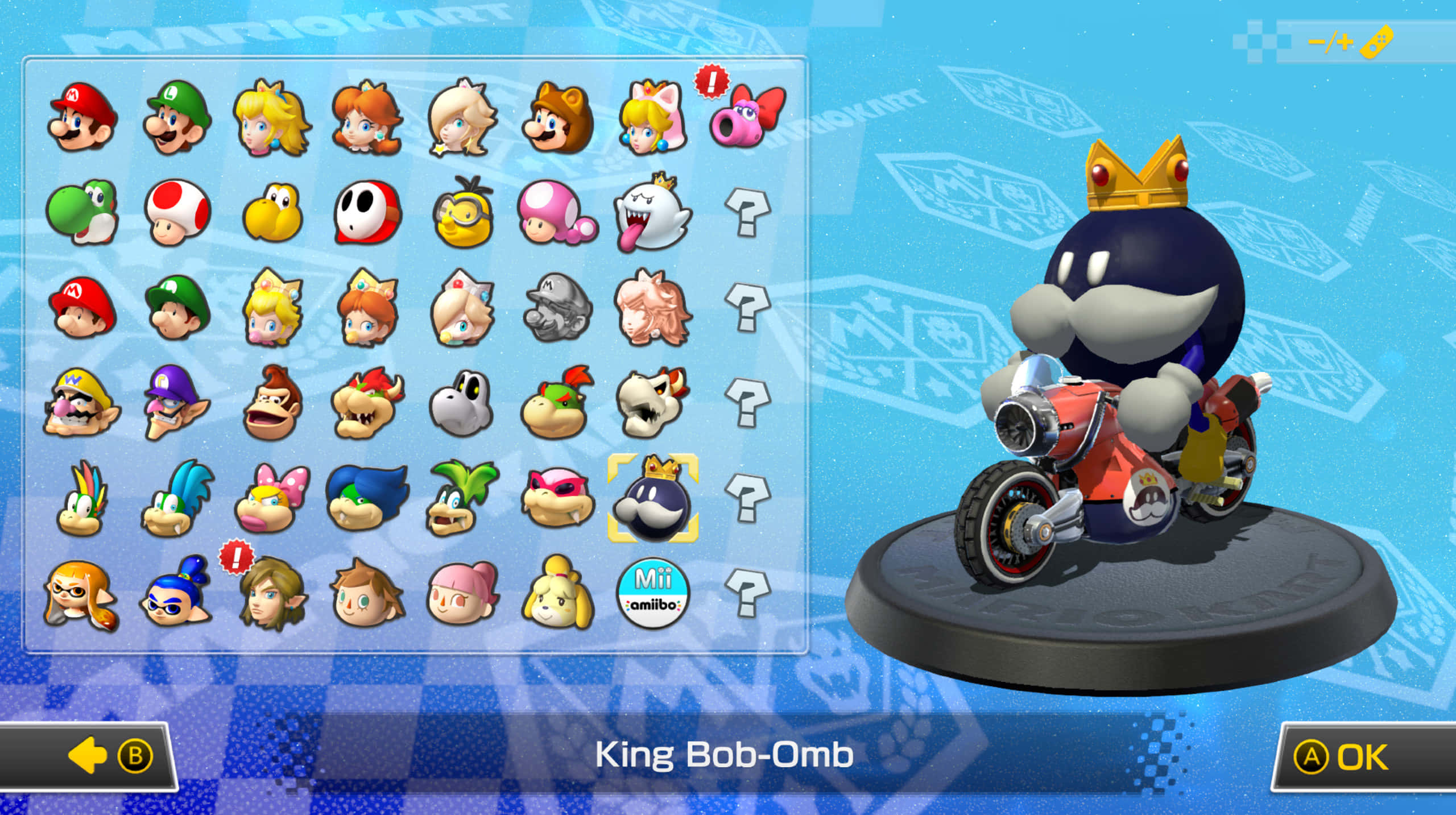 Bob-omb 桌布 壁紙 — 一個充滿活力的遊戲角色選擇畫面， featuring King Bob-Omb 戴著皇冠騎在紅色電單車上。