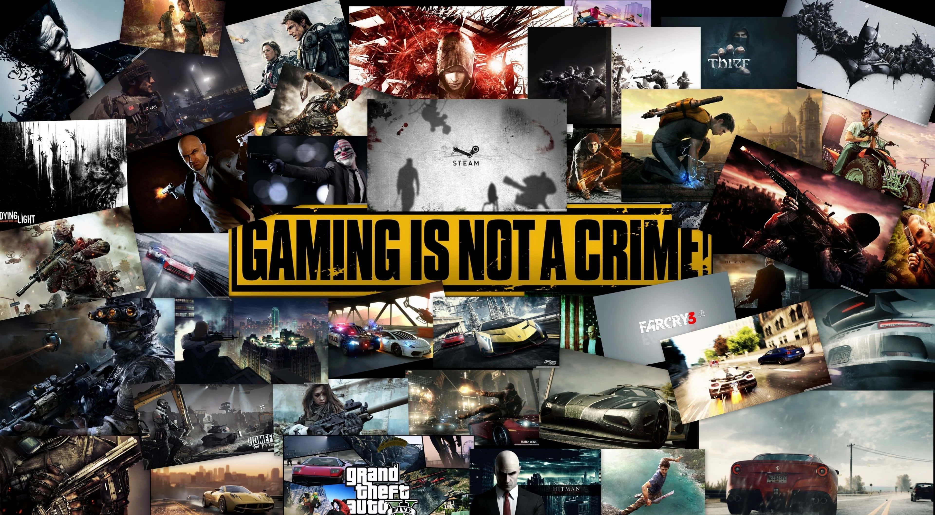 Steam Games 桌布 壁紙 — 一個充滿活力的電子遊戲封面和場景拼貼畫， featuring 動作英雄、汽車和標誌性遊戲名稱，並以粗體文字宣揚打機不是犯罪。