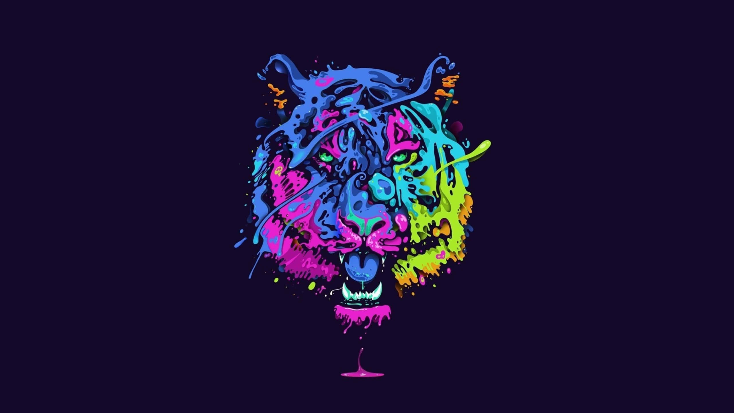 Psychedelic Animals 桌布 壁紙 — 一個充滿活力的霓虹老虎頭，在深色背景上濺滿了彩色顏料。