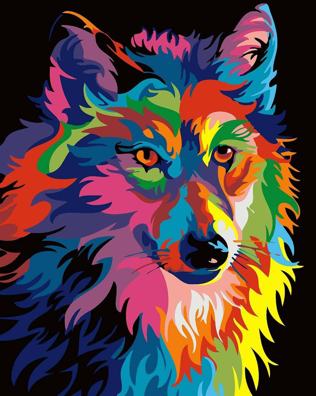 Wolf Art 桌布 壁紙 — 一個充滿活力的風格化狼頭，帶有電光彩虹毛髮，背景為黑色。