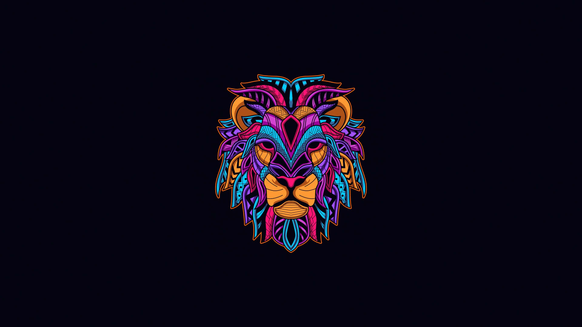 Minimalist Animal 桌布 壁紙 — 一個充滿活力的風格化獅子頭，帶有複雜的幾何圖案，以霓虹粉紅、藍色和橙色在深色背景上呈現。