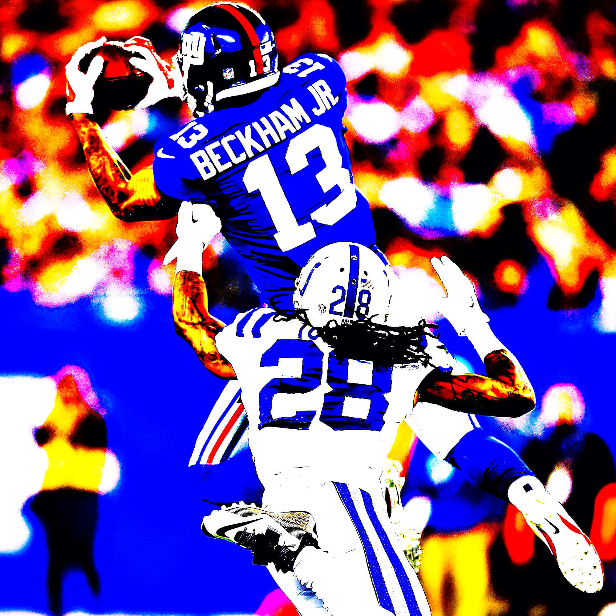 Obj 桌布 壁紙 — 一個充滿活力的風格化足球員，身穿藍色球衣13號，跳起接球，而身穿白色球衣28號的防守員則跳起攔截他。