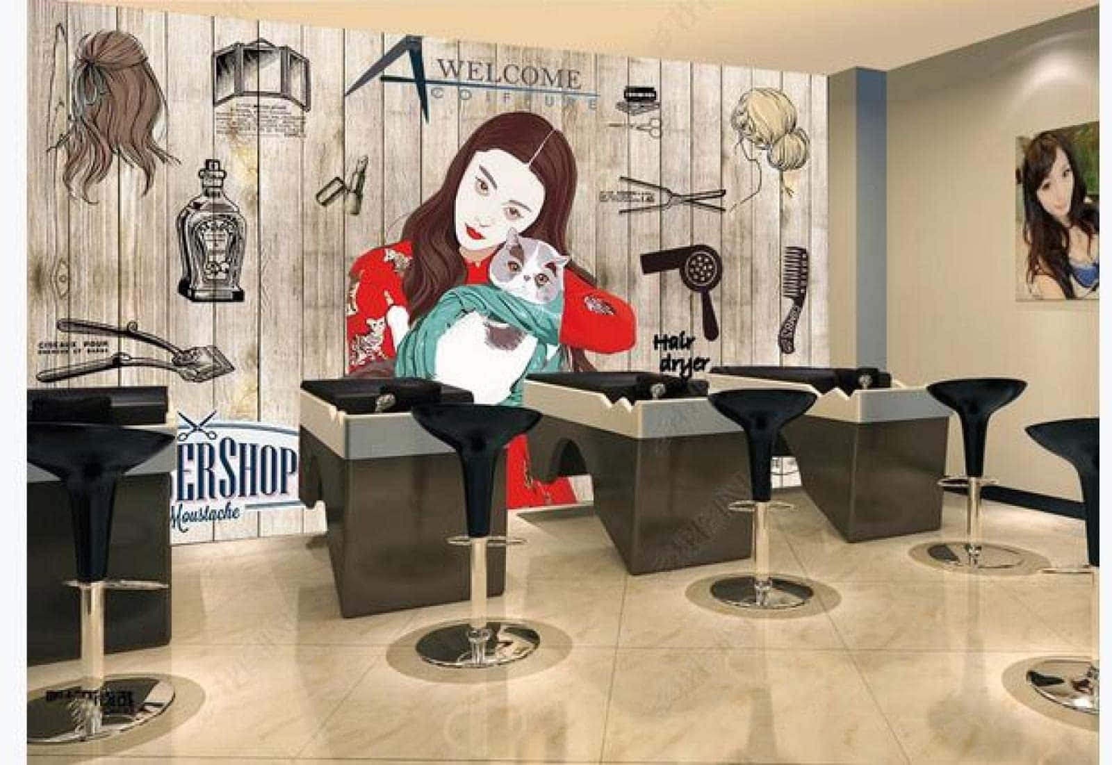 Beauty Salon 桌布 壁紙 — 一個充滿活力的髮廊內部，木牆上有一幅大型壁畫，畫中一位女士抱著一隻貓，周圍環繞著美髮工具。