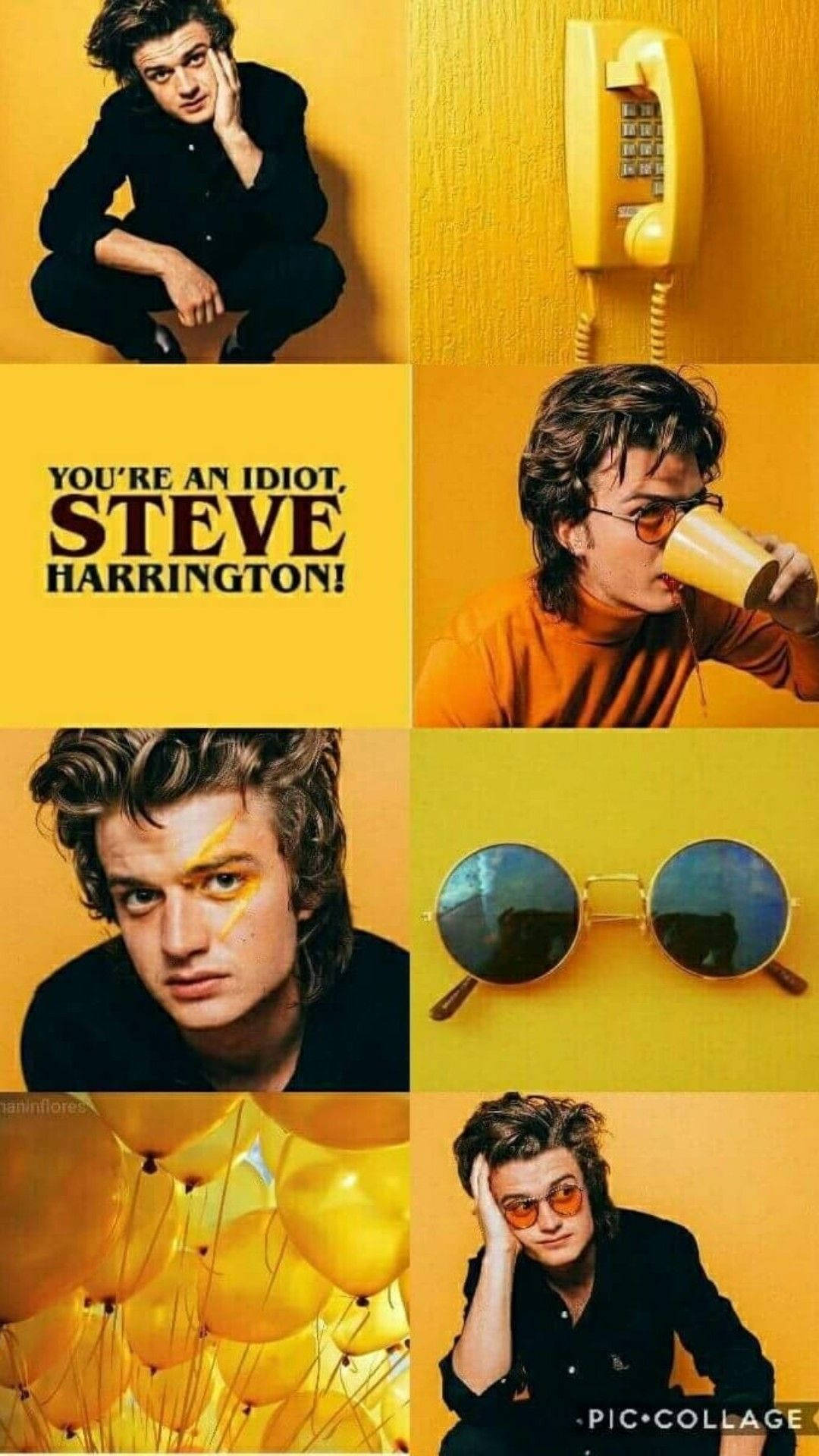 怪奇物語 桌布 壁紙 — 一個充滿活力的黃色主題拼貼畫， featuring 演員 Joe Keery 飾演的 Steve Harrington 以各種姿勢出現，搭配復古道具和文字。