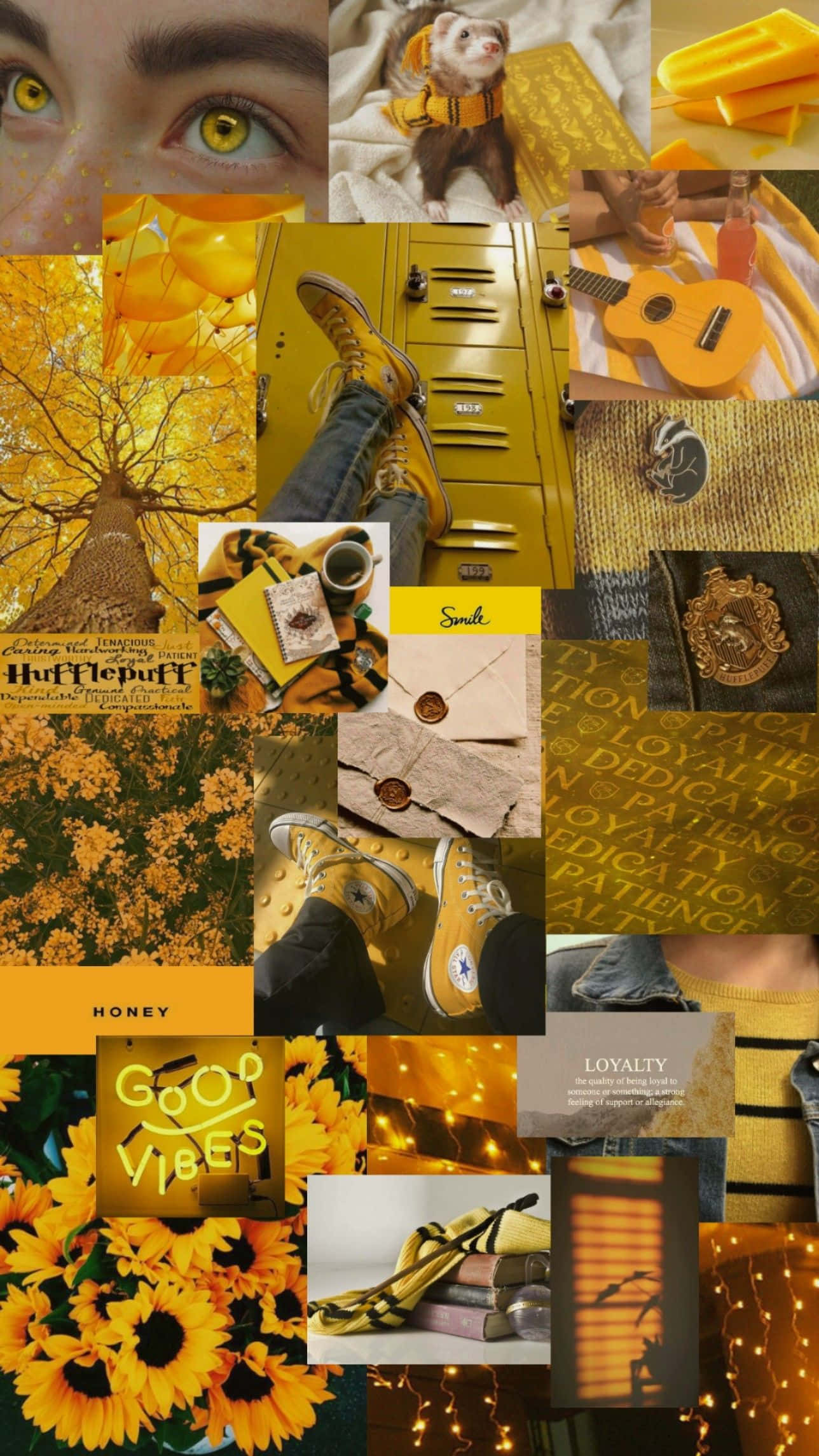 hufflepuff 桌布 壁紙 — 一個充滿活力的黃色主題拼貼畫，包含向日葵、眼睛、雪貂、儲物櫃和哈利波特赫夫帕夫的紀念品。
