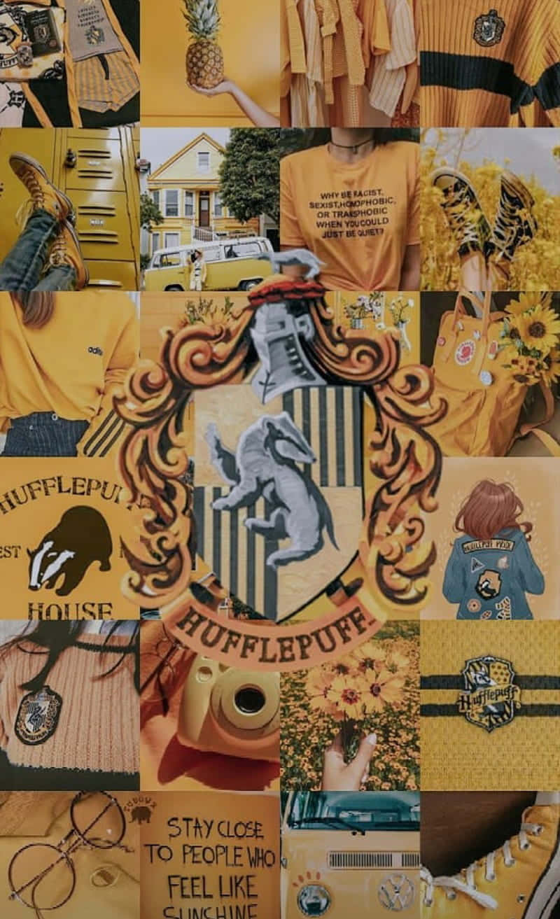 hufflepuff 桌布 壁紙 — 一個充滿活力的黃色主題拼貼畫，慶祝赫夫帕夫學院，包含服裝配飾和向日葵圖案。