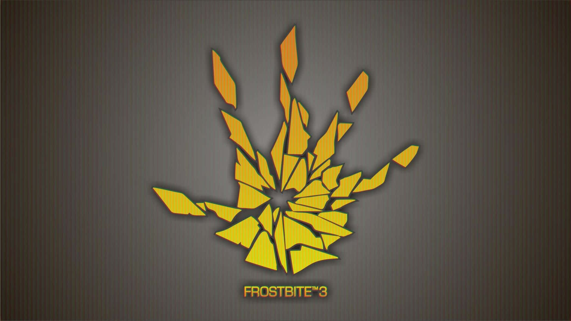 Frostbite 桌布 壁紙 — 一個充滿活力的黃色碎裂玻璃標誌在深灰色紋理背景上爆發，下方有「FROSTBITE™3」文字。