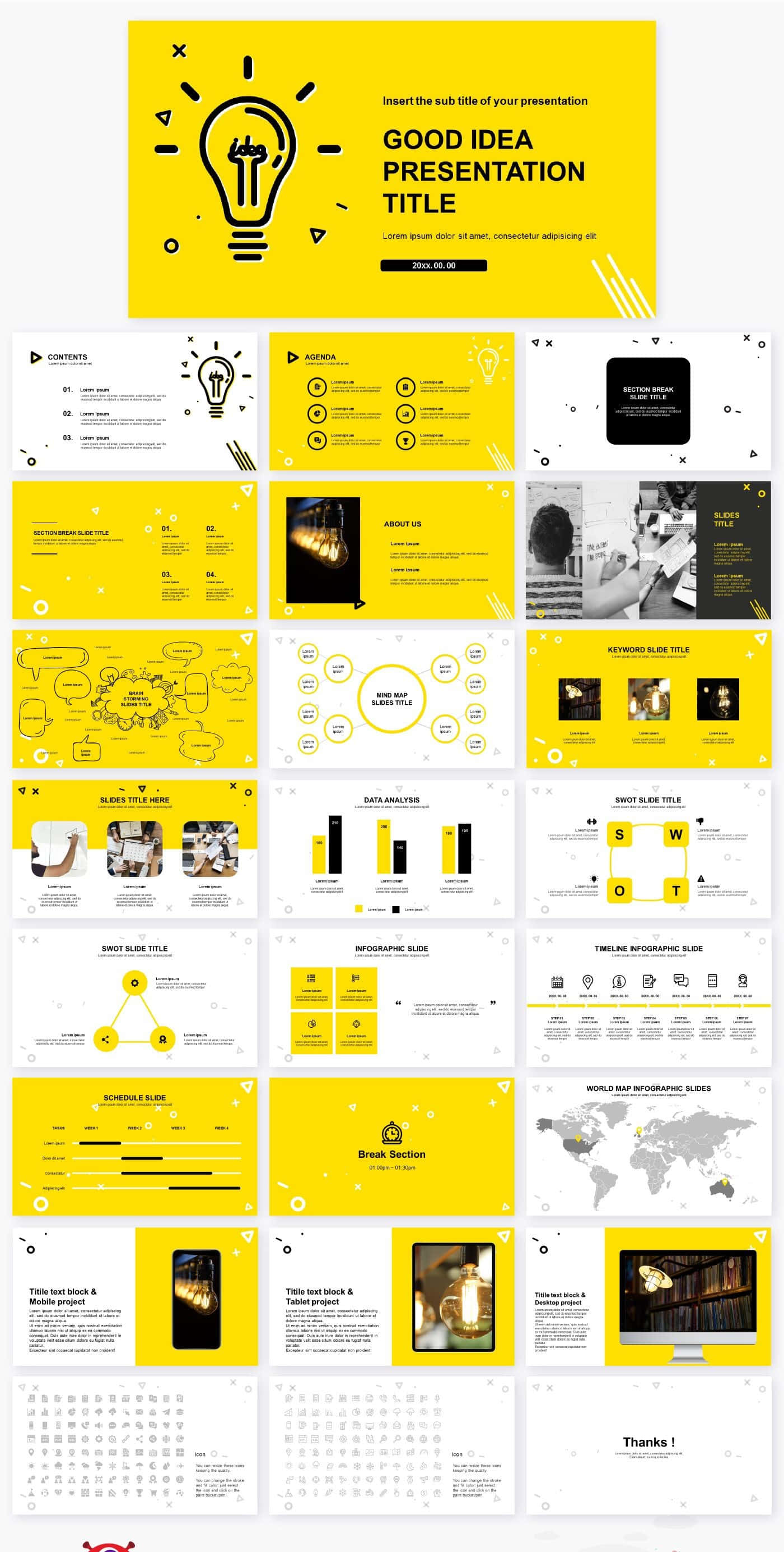 Presentation 桌布 壁紙 — 一個充滿活力的黃色簡報範本，帶有黑色線條藝術圖示和用於商業投影片的文字佔位符。