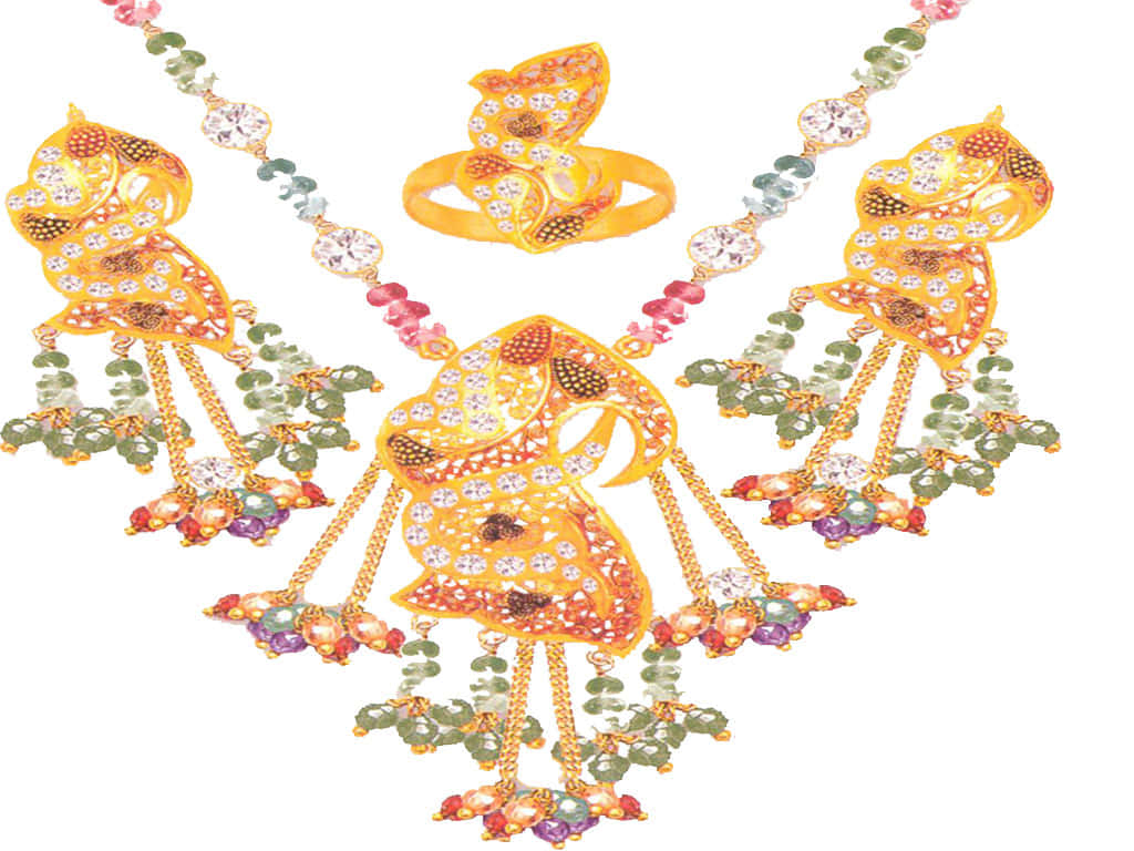 Jewelry Design 桌布 壁紙 — 一個充滿活力的黃金首飾套裝，帶有精緻的葉子設計和彩色寶石流蘇，以白色背景襯托。
