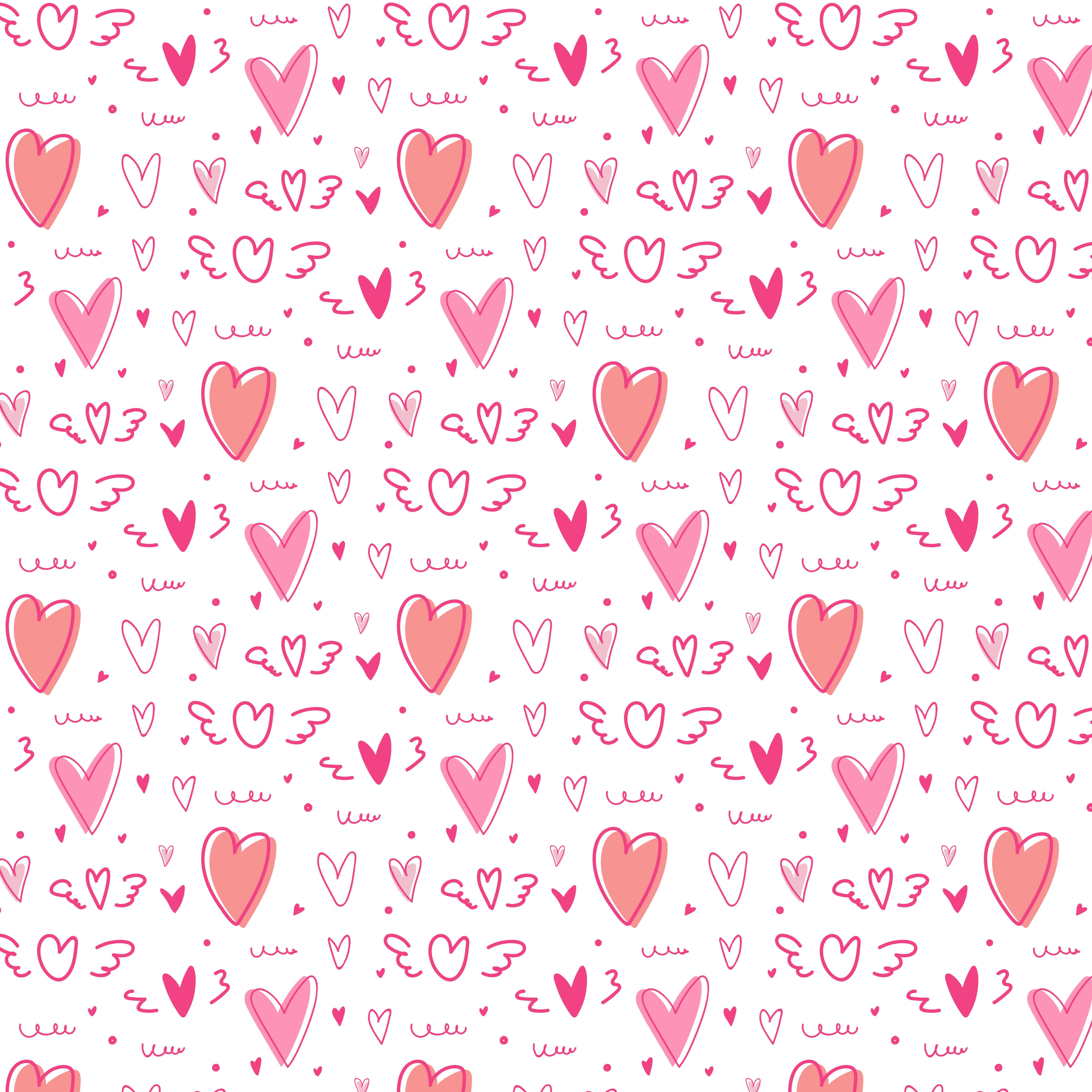 Heart Pattern 桌布 壁紙 — 一個充滿玩味的圖案，白色背景上散落著帶翅膀的粉紅色心形和塗鴉。