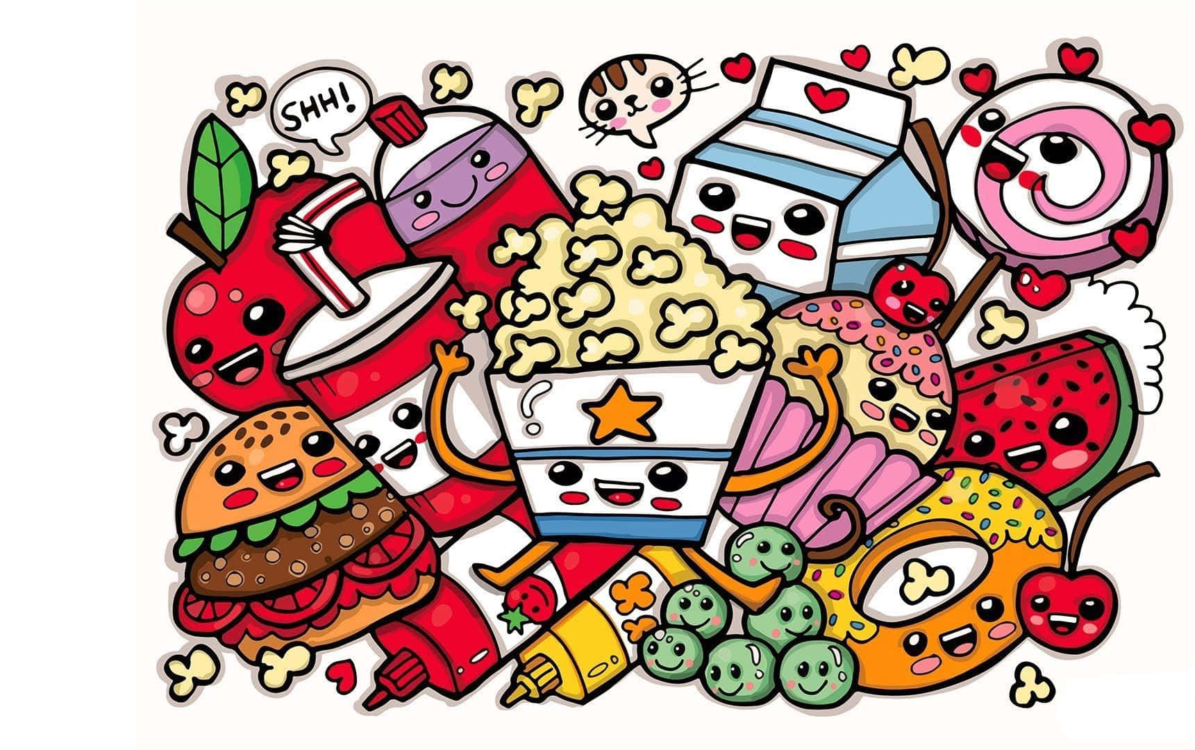 Kawaii Food 桌布 壁紙 — 一個充滿玩樂能量的快樂卡通塗鴉，描繪微笑的食物如漢堡、奶昔和爆谷。