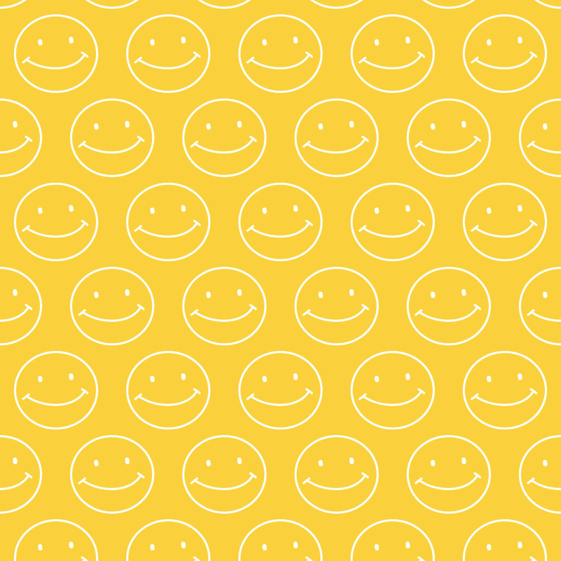 Smiley 桌布 壁紙 — 一個充滿白色輪廓笑臉的無縫圖案，背景為鮮黃色。