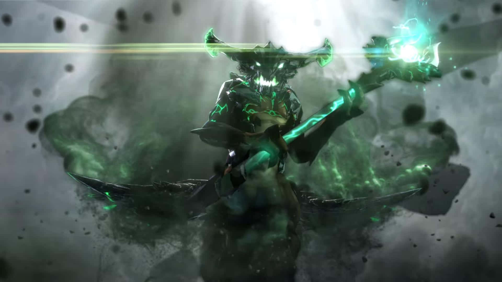 Rubick 桌布 壁紙 — 一個充滿綠色能量、眼神發光、手持漂浮武器的威脅性戰士，站在旋轉的黑暗迷霧和漂浮粒子之中。