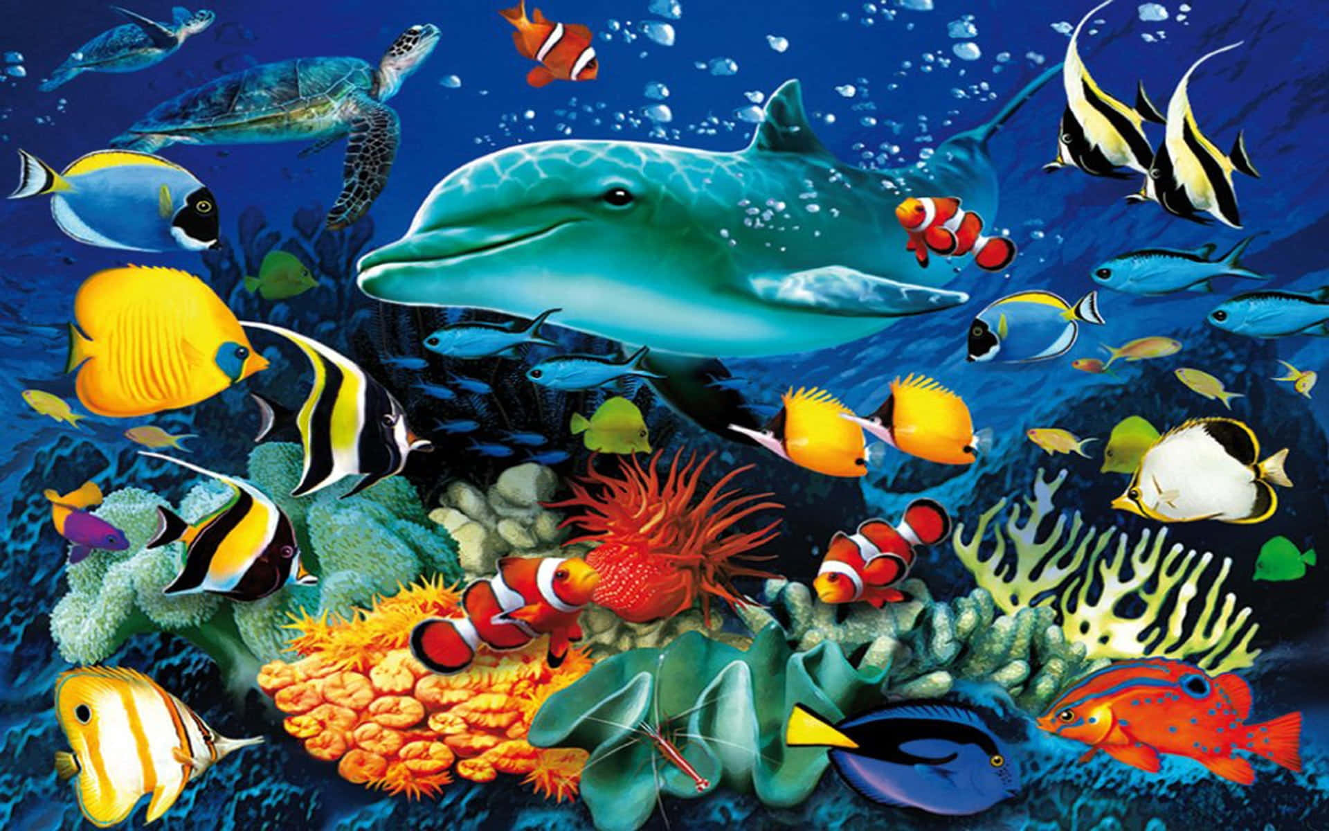 Kawaii Sea Creatures 桌布 壁紙 — 一個充滿色彩繽紛的熱帶魚、珊瑚礁和微笑海豚在其中游泳的充滿活力的海底場景。