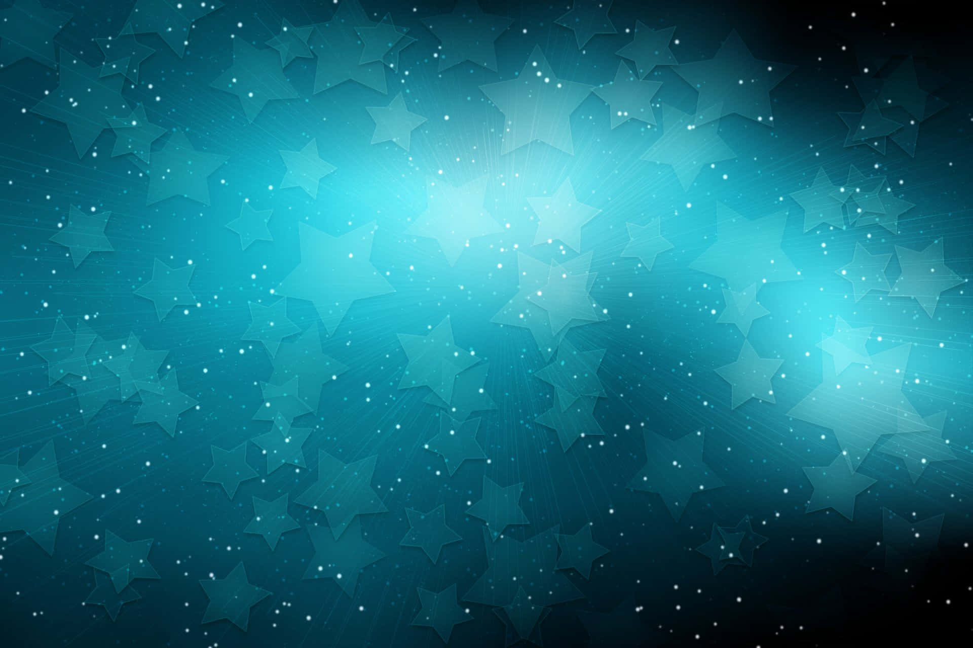 3d Star 桌布 壁紙 — 一個充滿閃爍星星和從中心散發出柔和光線的明亮藍色宇宙背景。