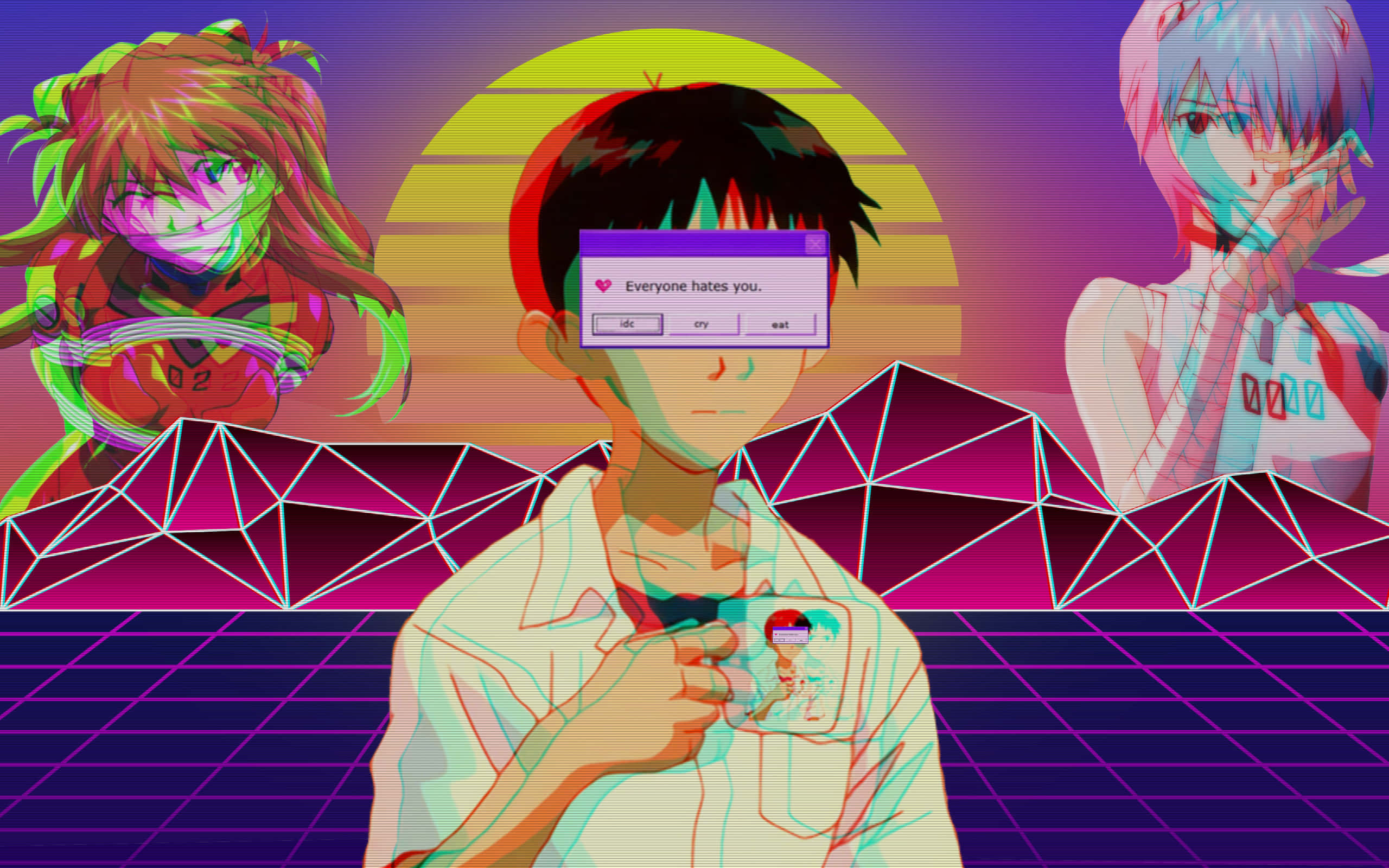 Adam Evangelion 桌布 壁紙 — 一個充滿霓虹燈的動漫場景，三個角色在幾何日落背景下，帶有彈出訊息。