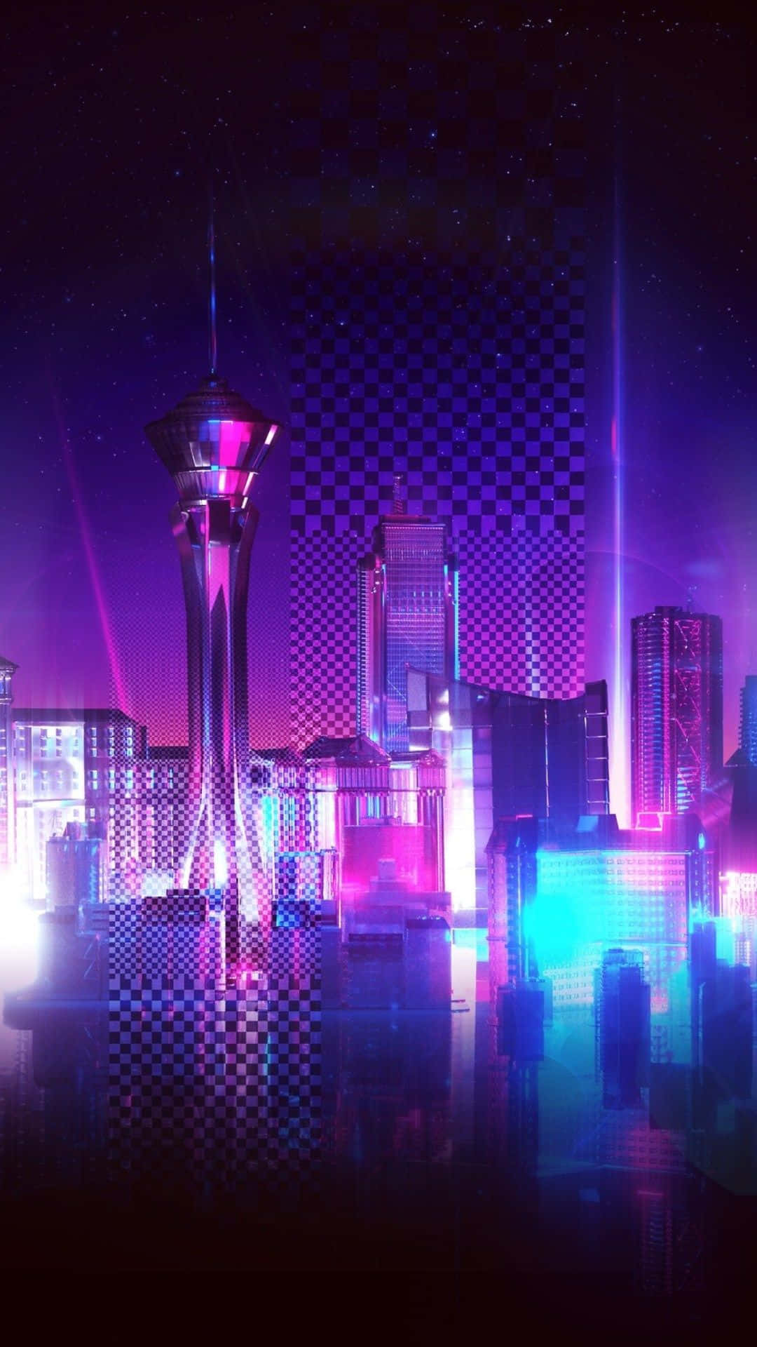 螢光紫 桌布 壁紙 — 一個充滿霓虹燈的未來城市夜景，發光的摩天大樓和方格天空倒映在濕漉漉的街道上。