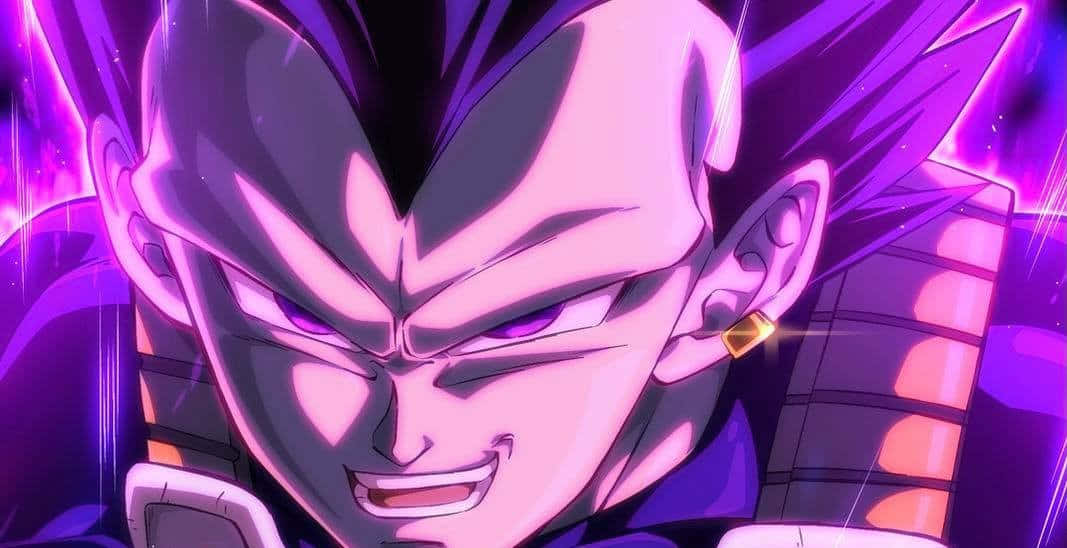 Vegeta Galick Gun 桌布 壁紙 — 一個兇猛動漫角色的特寫，擁有尖刺紫色頭髮和發光的眼睛，散發出強烈的能量。