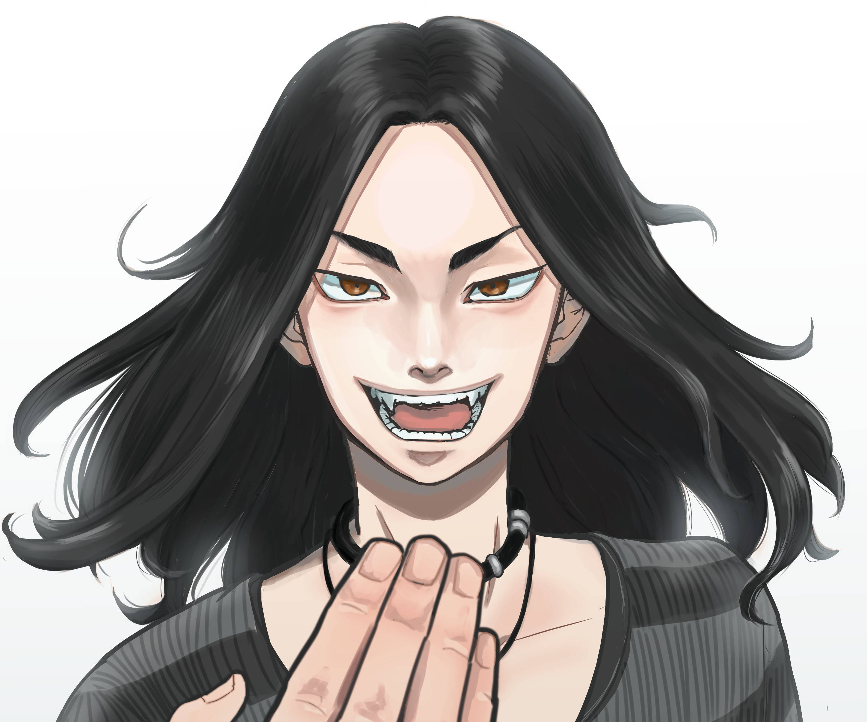 動漫男孩 桌布 壁紙 — 一個兇猛嘅動漫女人，長長嘅黑髮同尖牙，一邊舉起手一邊咧嘴笑。